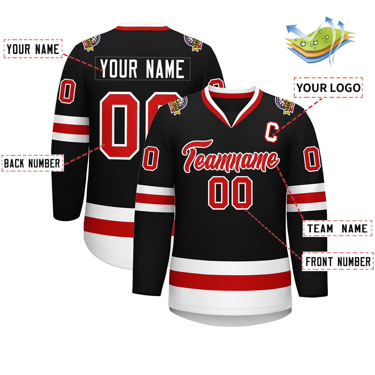 Custom Black Red-White Classic Style Hockey Jersey | KXKSHOP