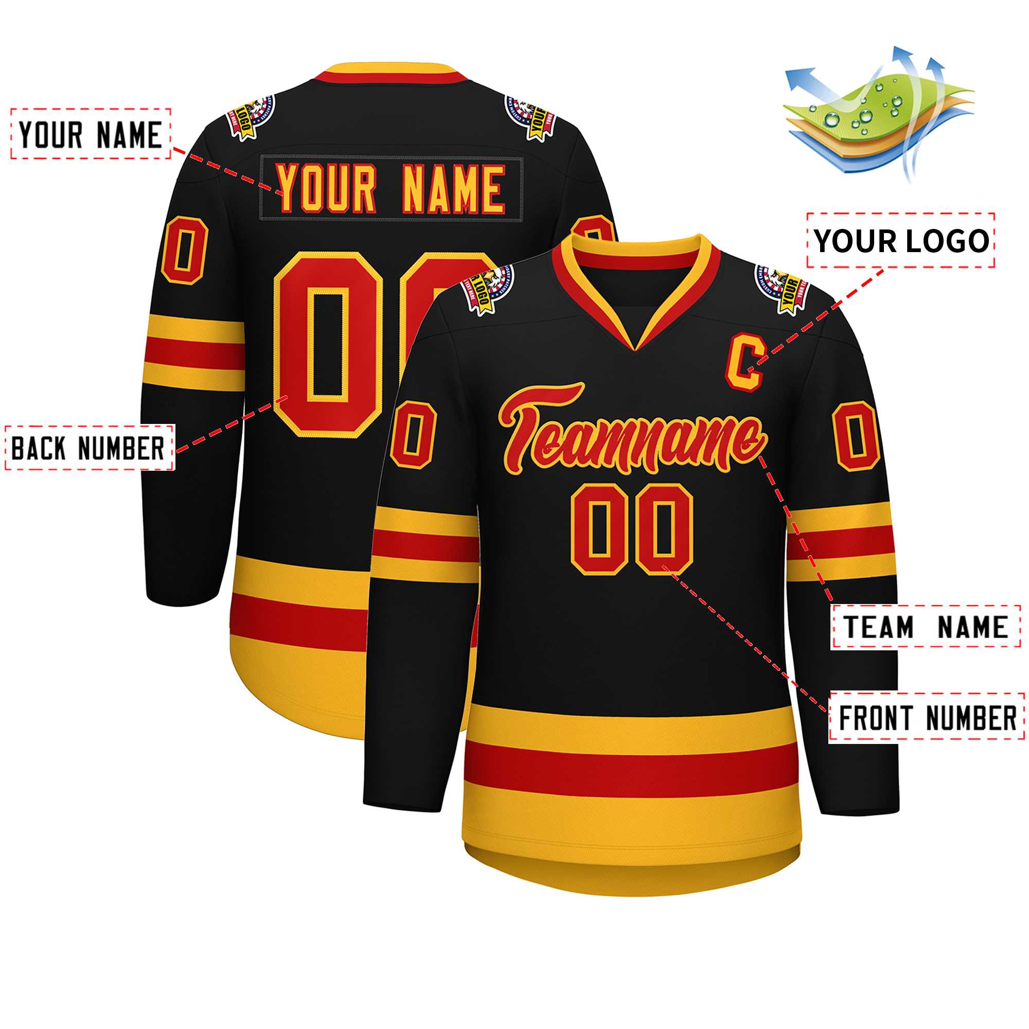 Custom Black Red-Gold Classic Style Hockey Jersey | KXKSHOP