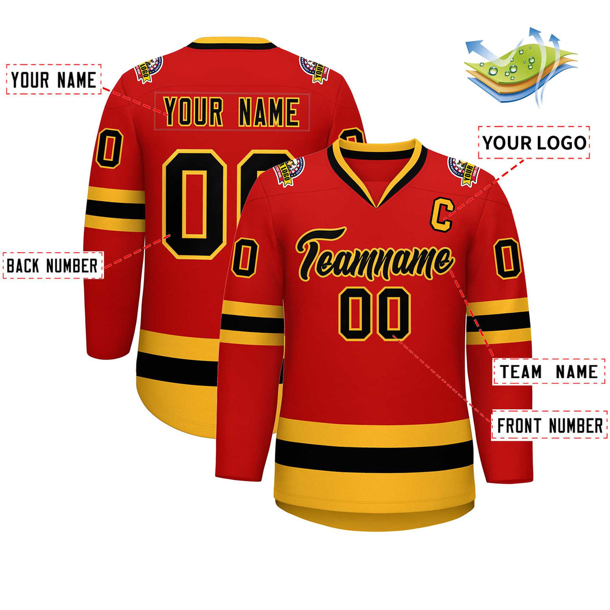 Custom Red Black-Gold Classic Style Hockey Jersey | KXKSHOP