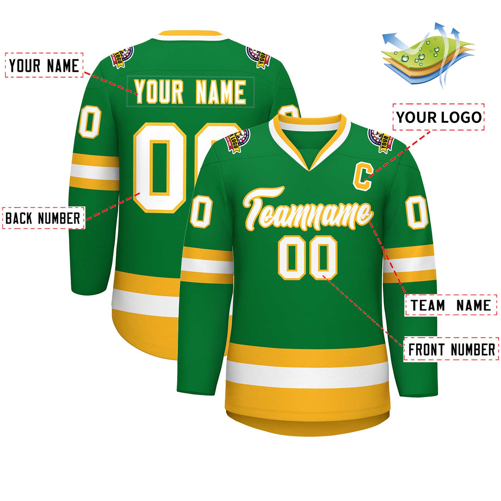 Custom Kelly Green White-Gold Classic Style Hockey Jersey | KXKSHOP