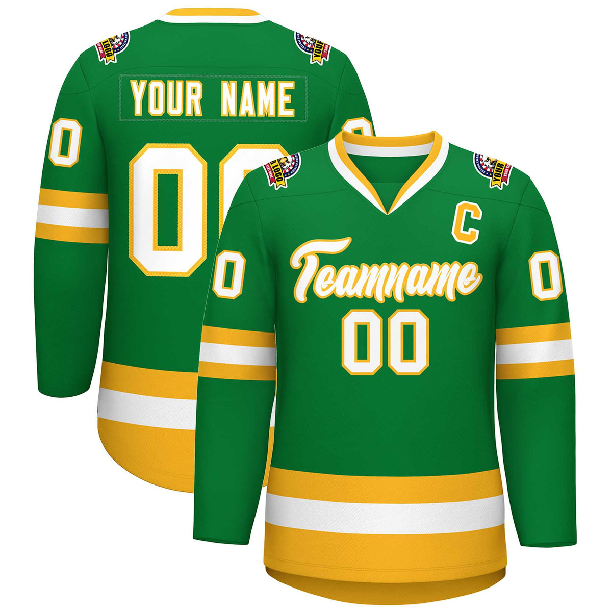 Custom Kelly Green White-Gold Classic Style Hockey Jersey | KXKSHOP
