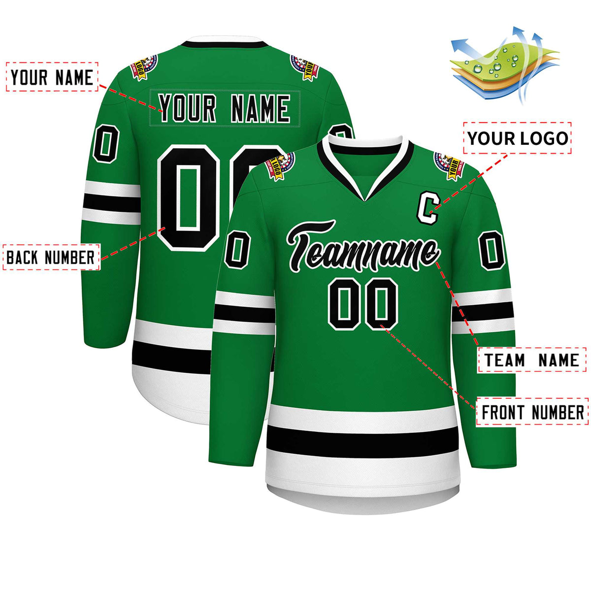 Custom Kelly Green Black-White Classic Style Hockey Jersey | KXKSHOP
