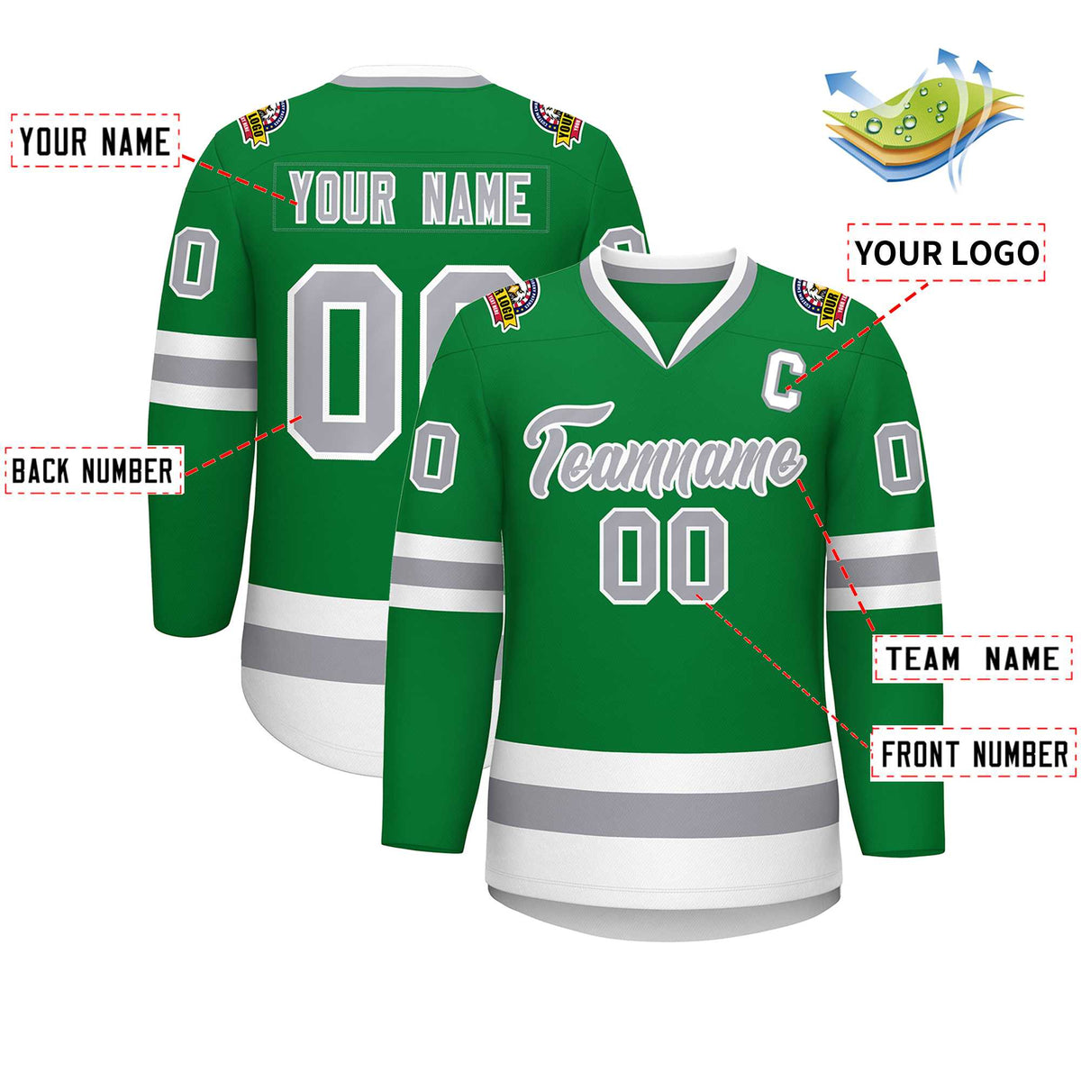 Custom Kelly Green Gray-White Classic Style Hockey Jersey | KXKSHOP