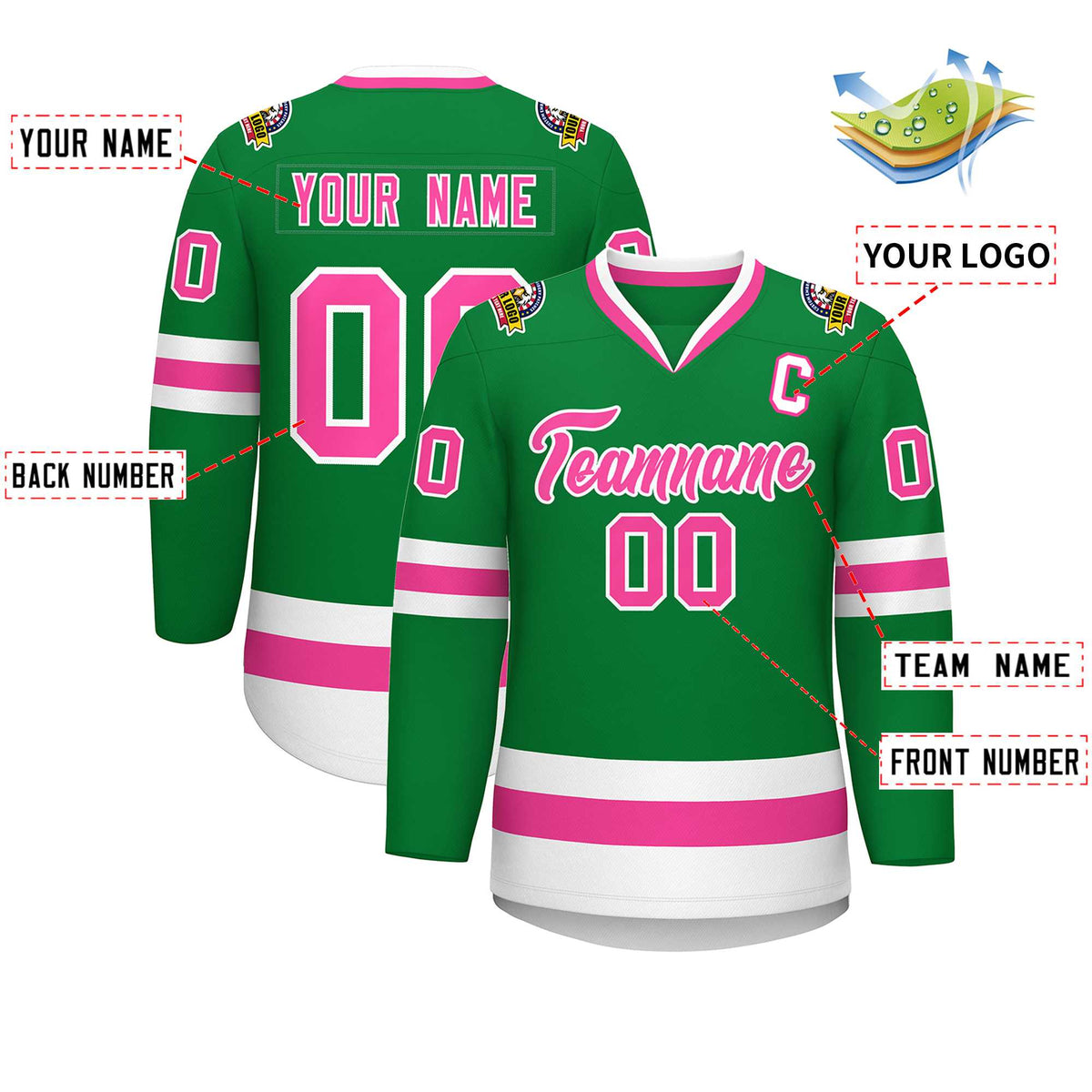 Custom Kelly Green Pink-White Classic Style Hockey Jersey | KXKSHOP