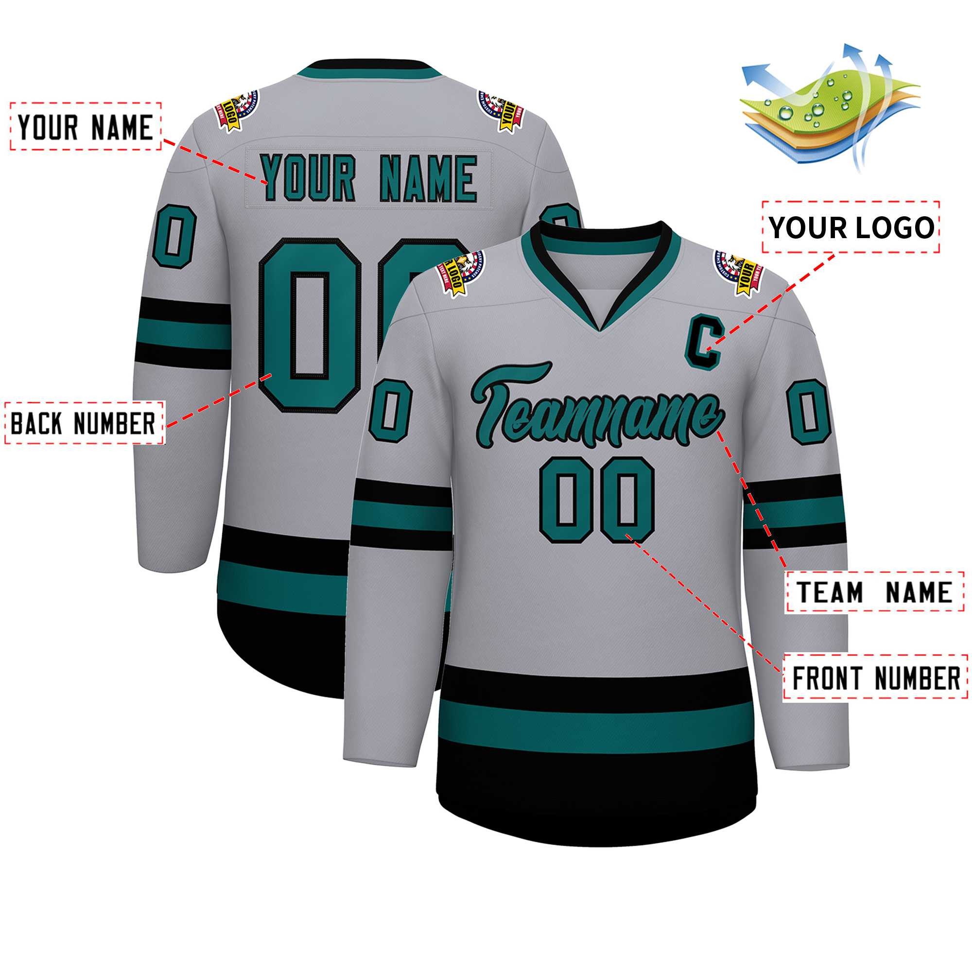 Custom Gray Aqua-Black Classic Style Hockey Jersey | KXKSHOP