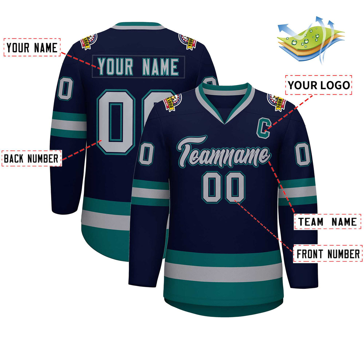 Custom Navy Gray Navy-Aqua Classic Style Hockey Jersey | KXKSHOP