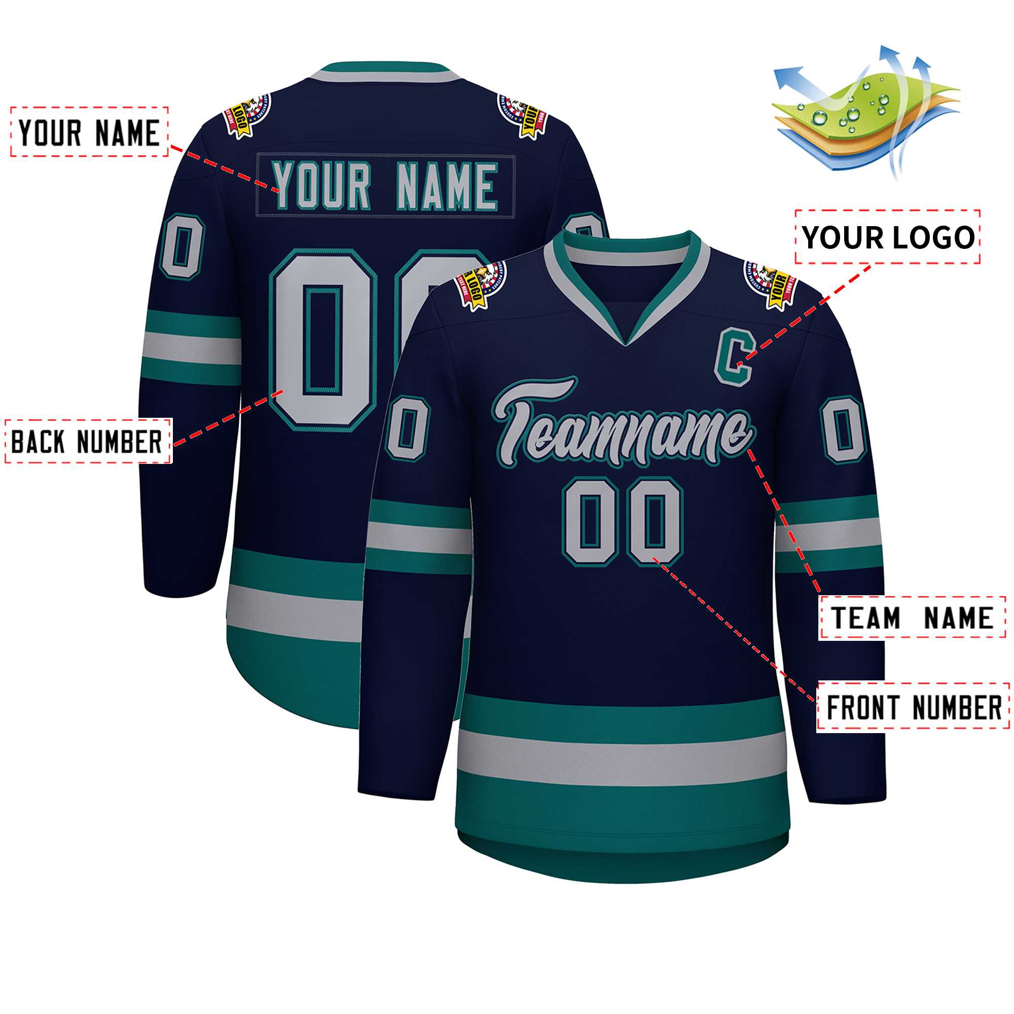 Custom Navy Gray Navy-Aqua Classic Style Hockey Jersey | KXKSHOP