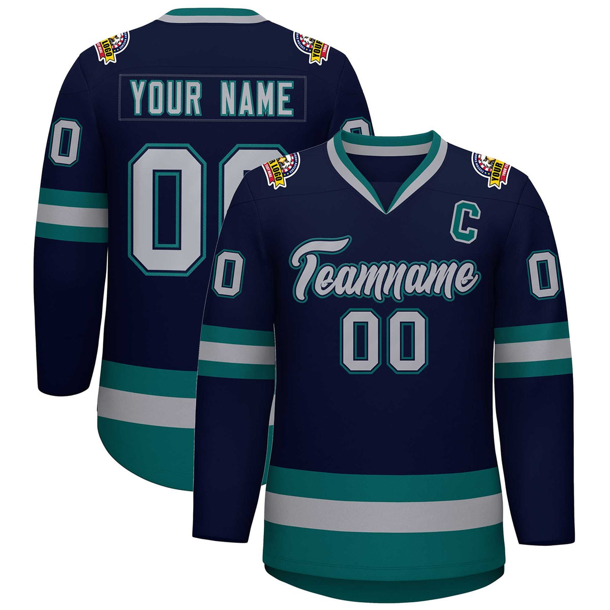 Custom Navy Gray Navy-Aqua Classic Style Hockey Jersey | KXKSHOP