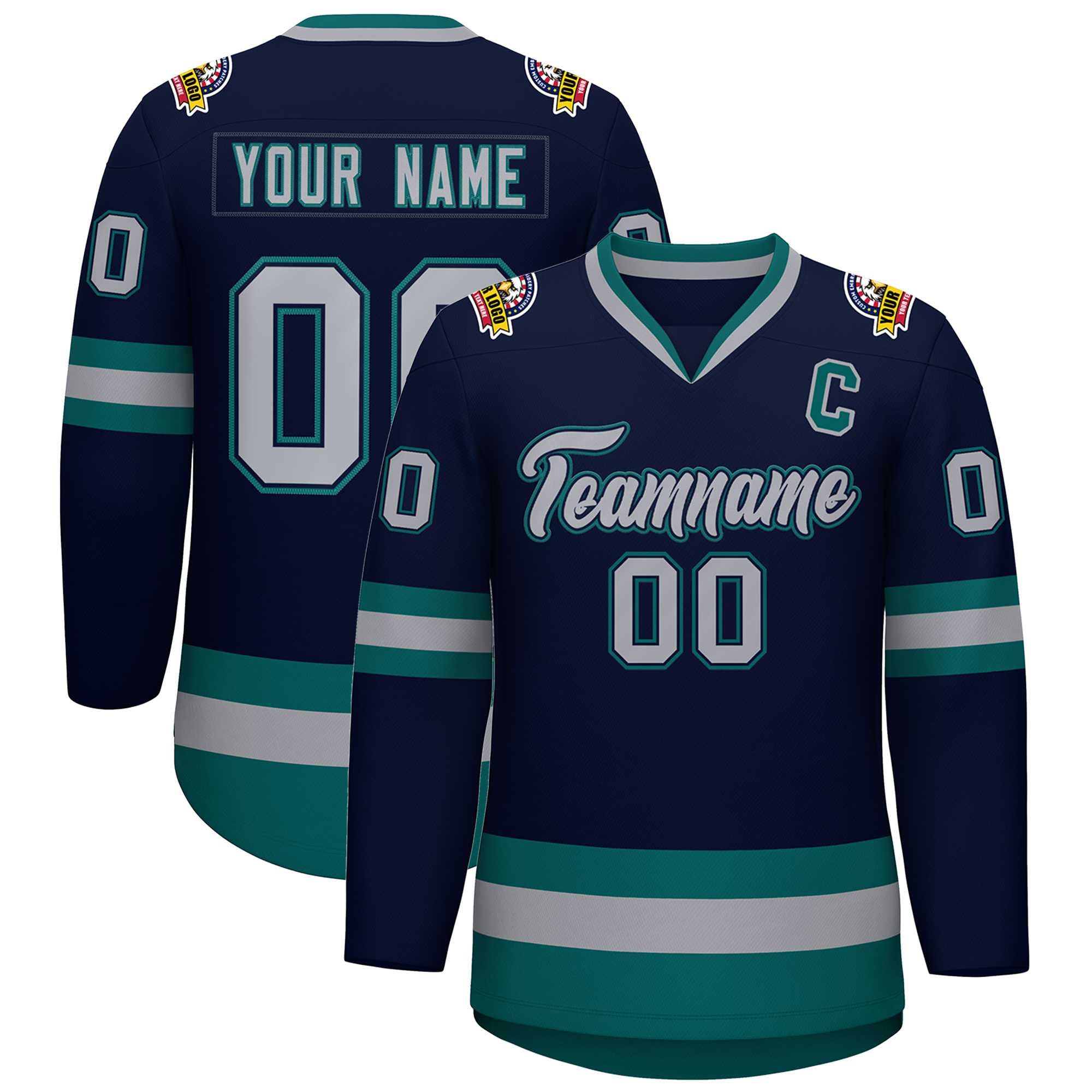 Custom Navy Gray Navy-Aqua Classic Style Hockey Jersey | KXKSHOP