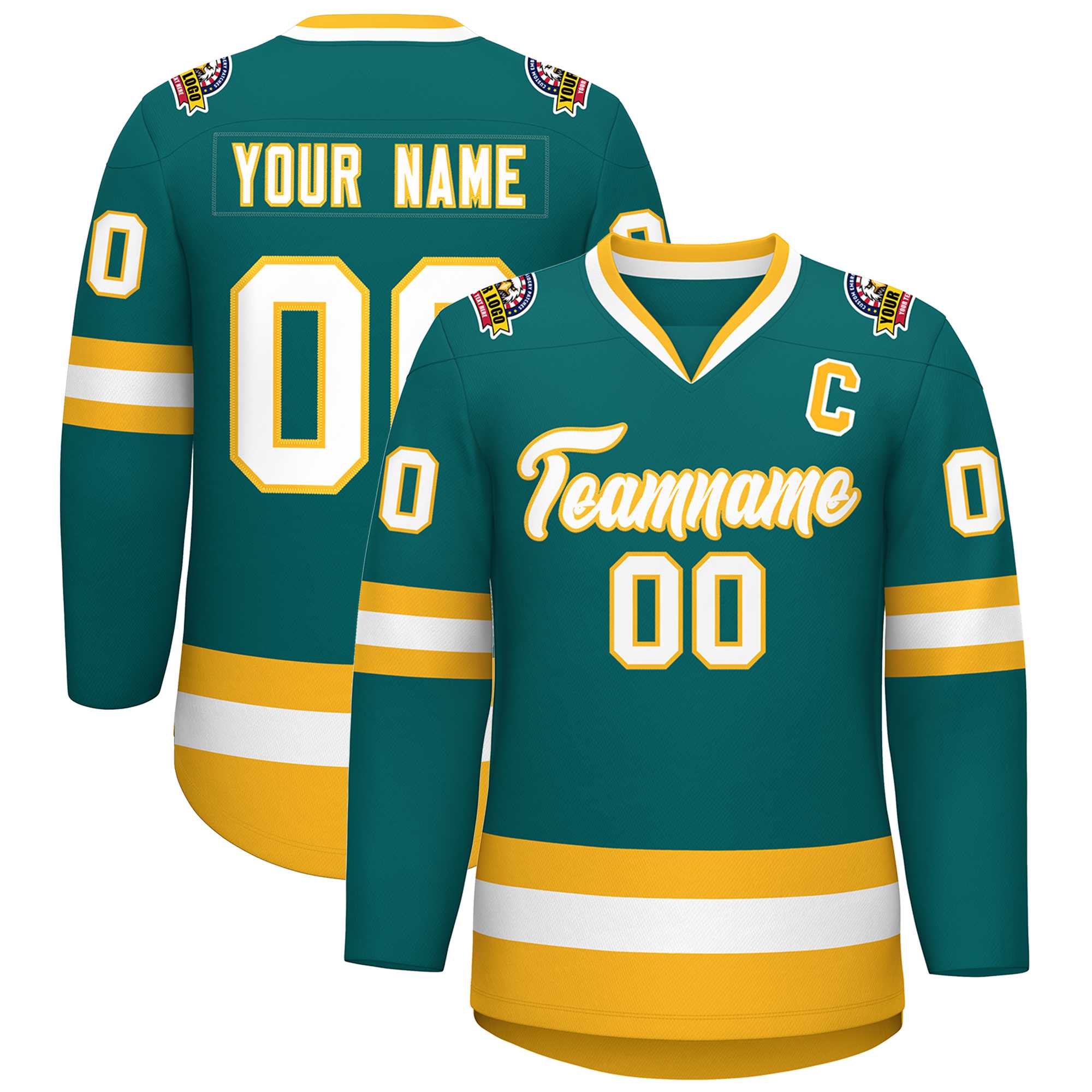 Custom Teal White-Gold Classic Style Hockey Jersey | KXKSHOP