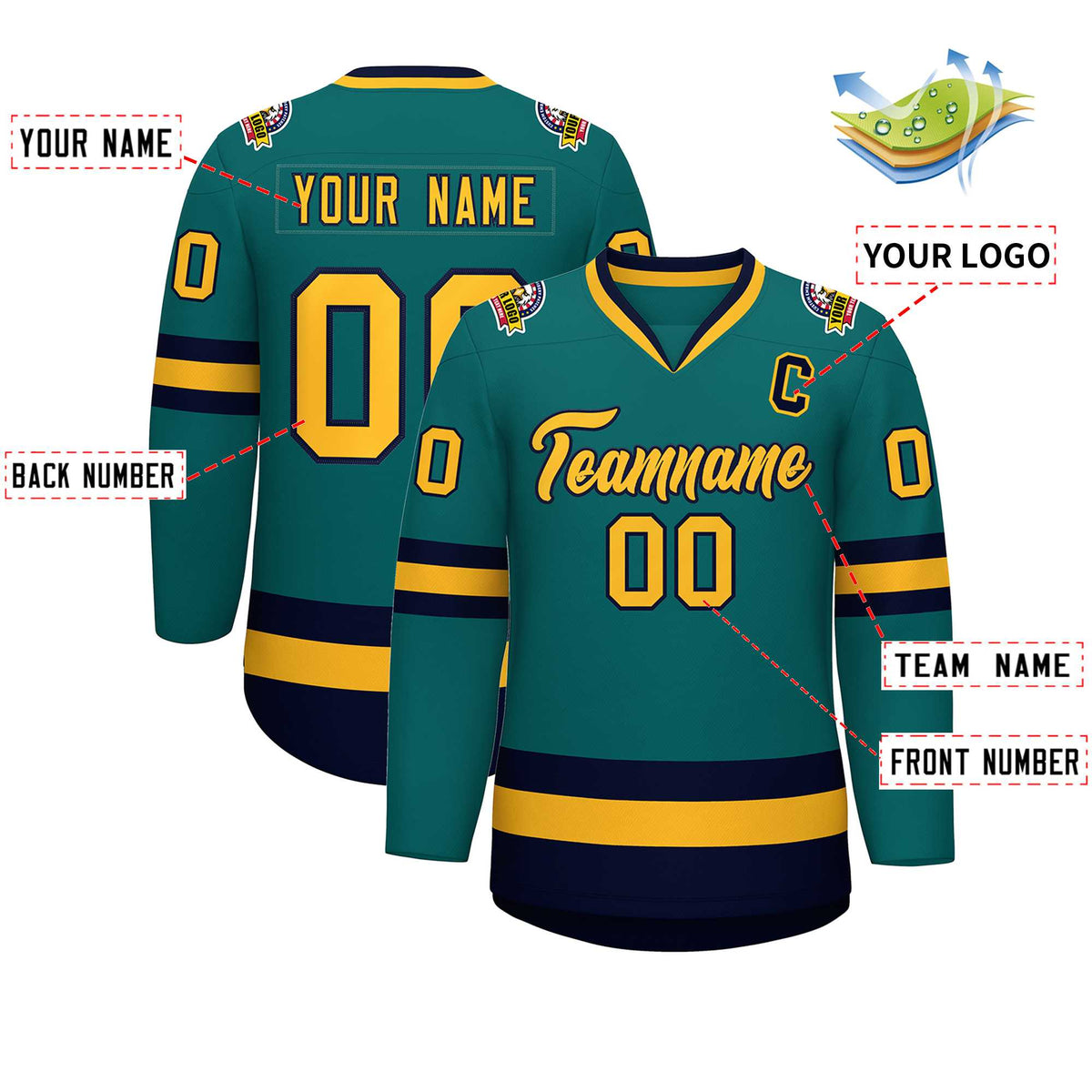 Custom Teal Gold-Navy Classic Style Hockey Jersey | KXKSHOP