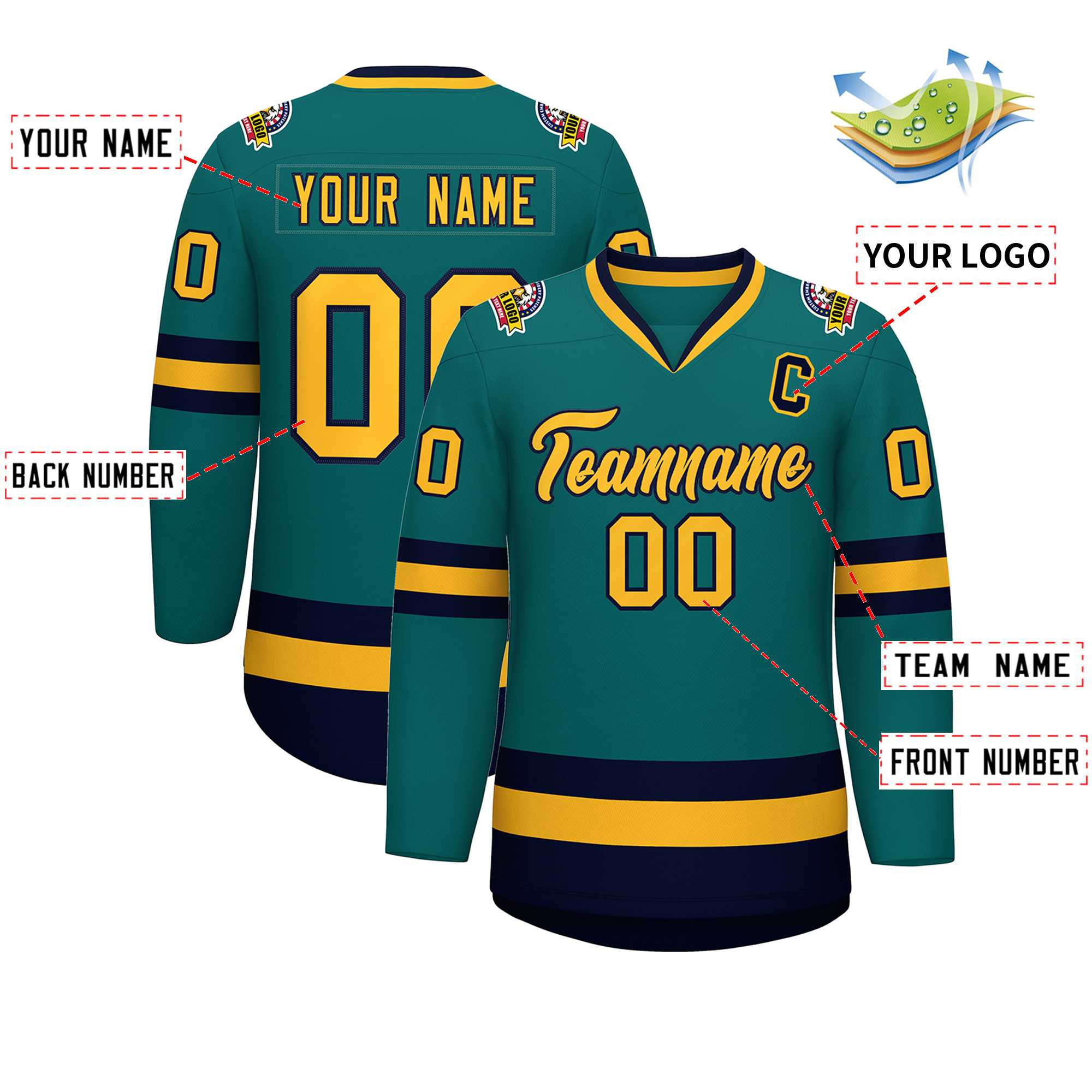 Custom Teal Gold-Navy Classic Style Hockey Jersey | KXKSHOP