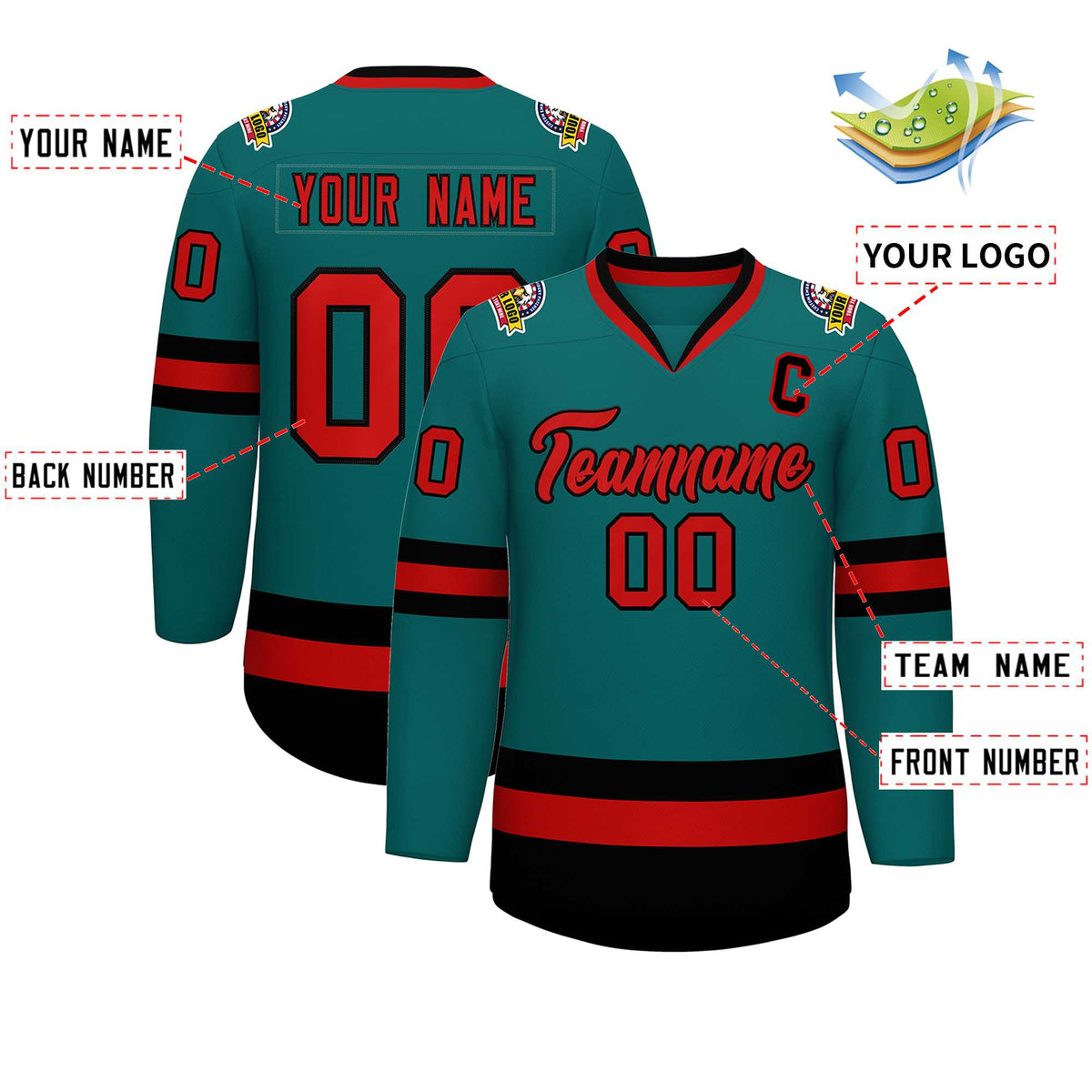Custom Teal Red-Black Classic Style Hockey Jersey | KXKSHOP