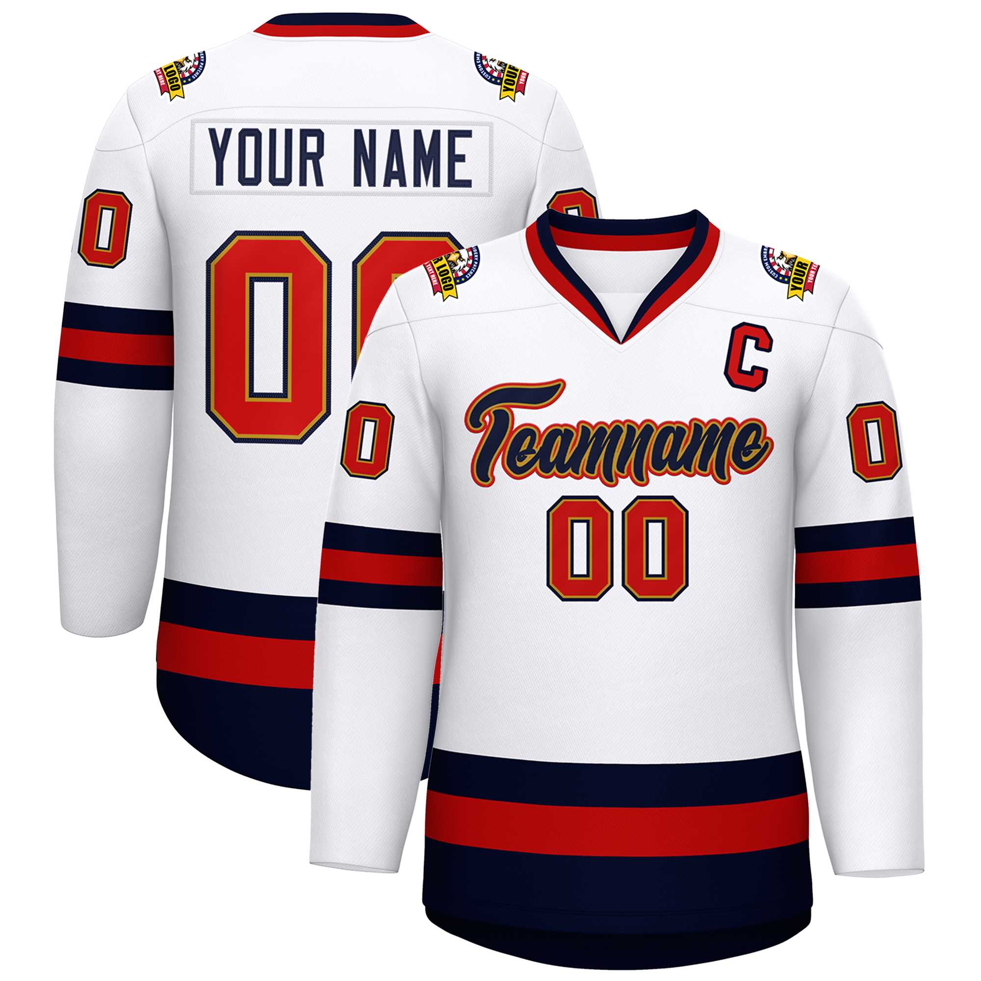 Custom White Navy Old Gold-Red Classic Style Hockey Jersey | KXKSHOP