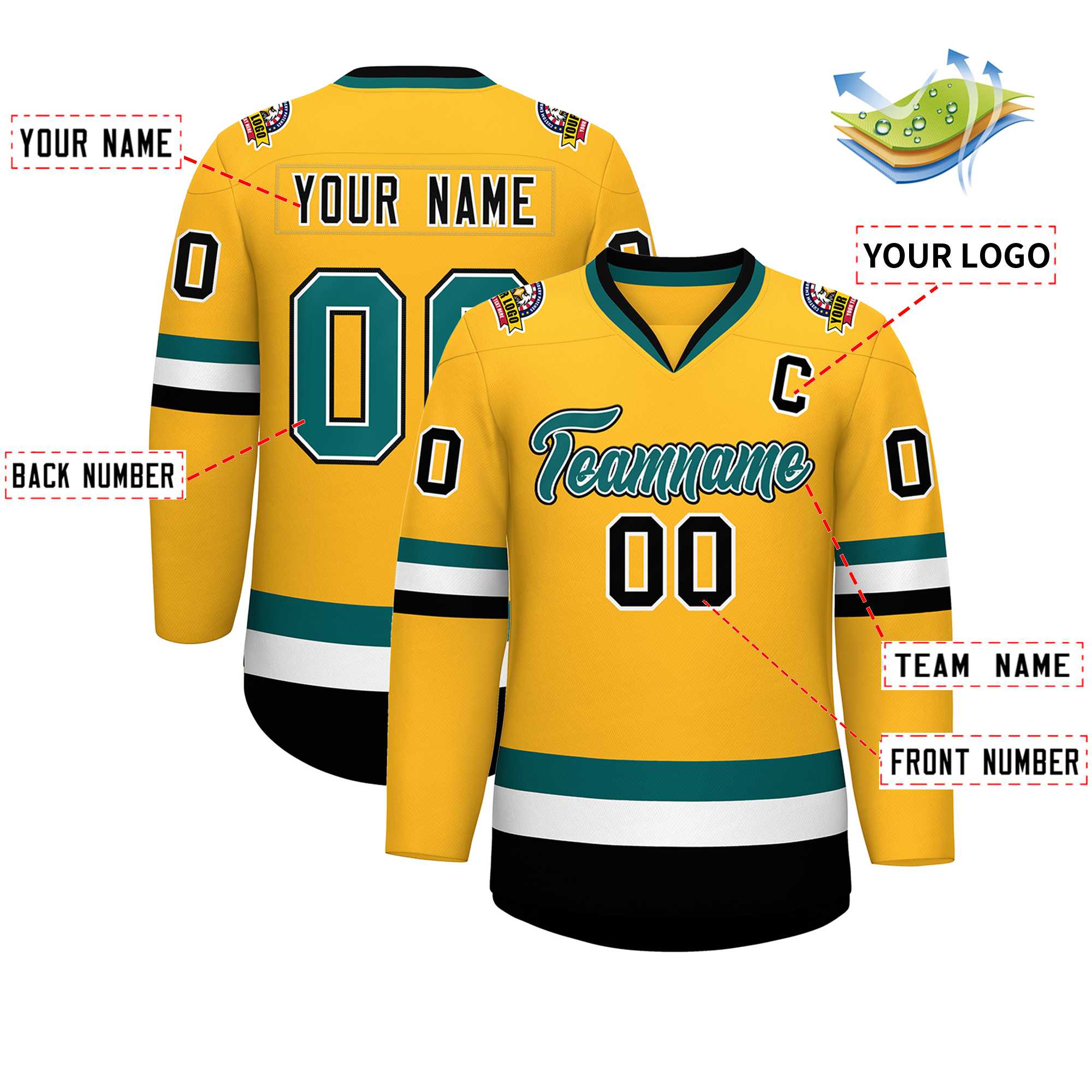 Custom Gold Aqua White-Black Classic Style Hockey Jersey | KXKSHOP