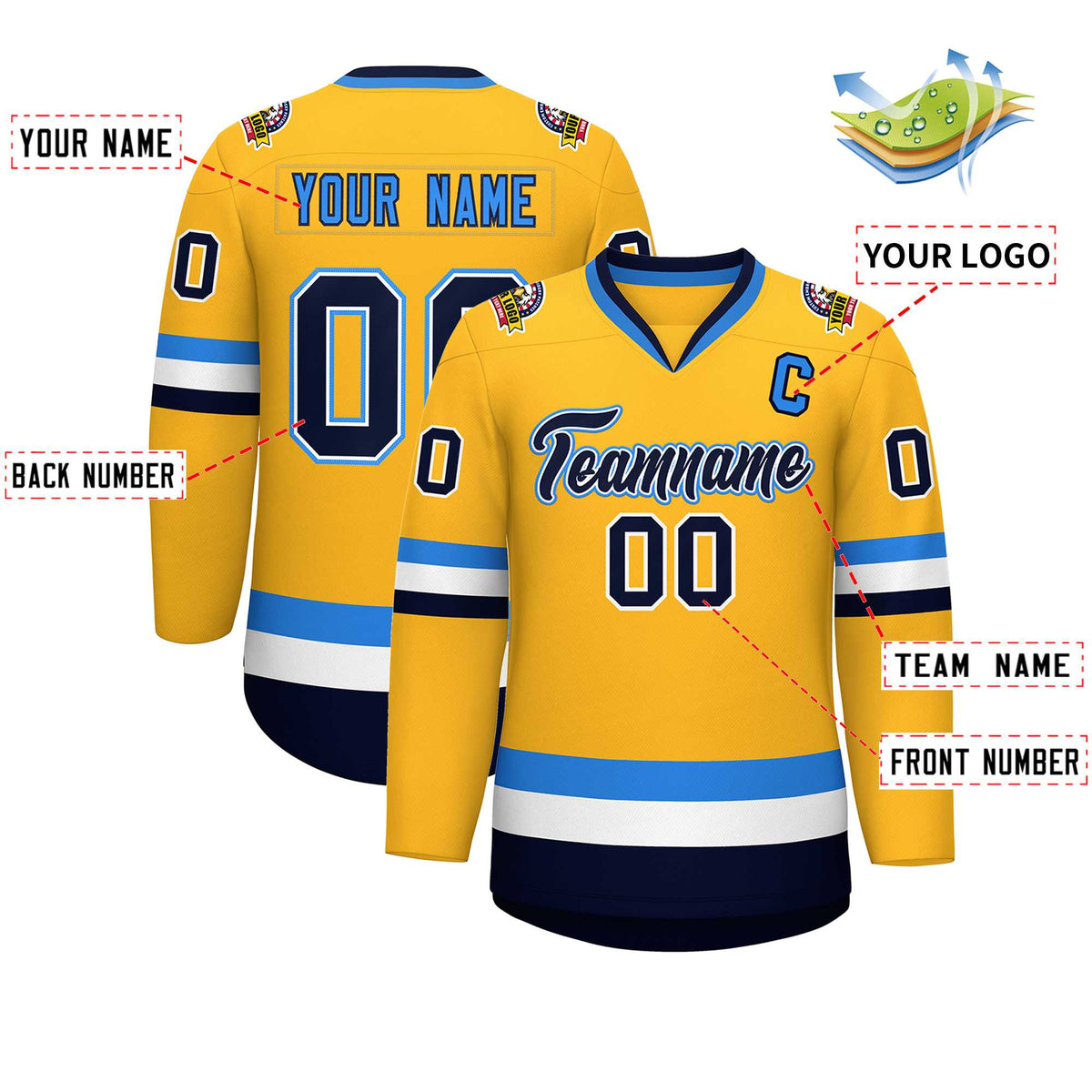 Custom Gold Navy White-Powder Blue Classic Style Hockey Jersey | KXKSHOP