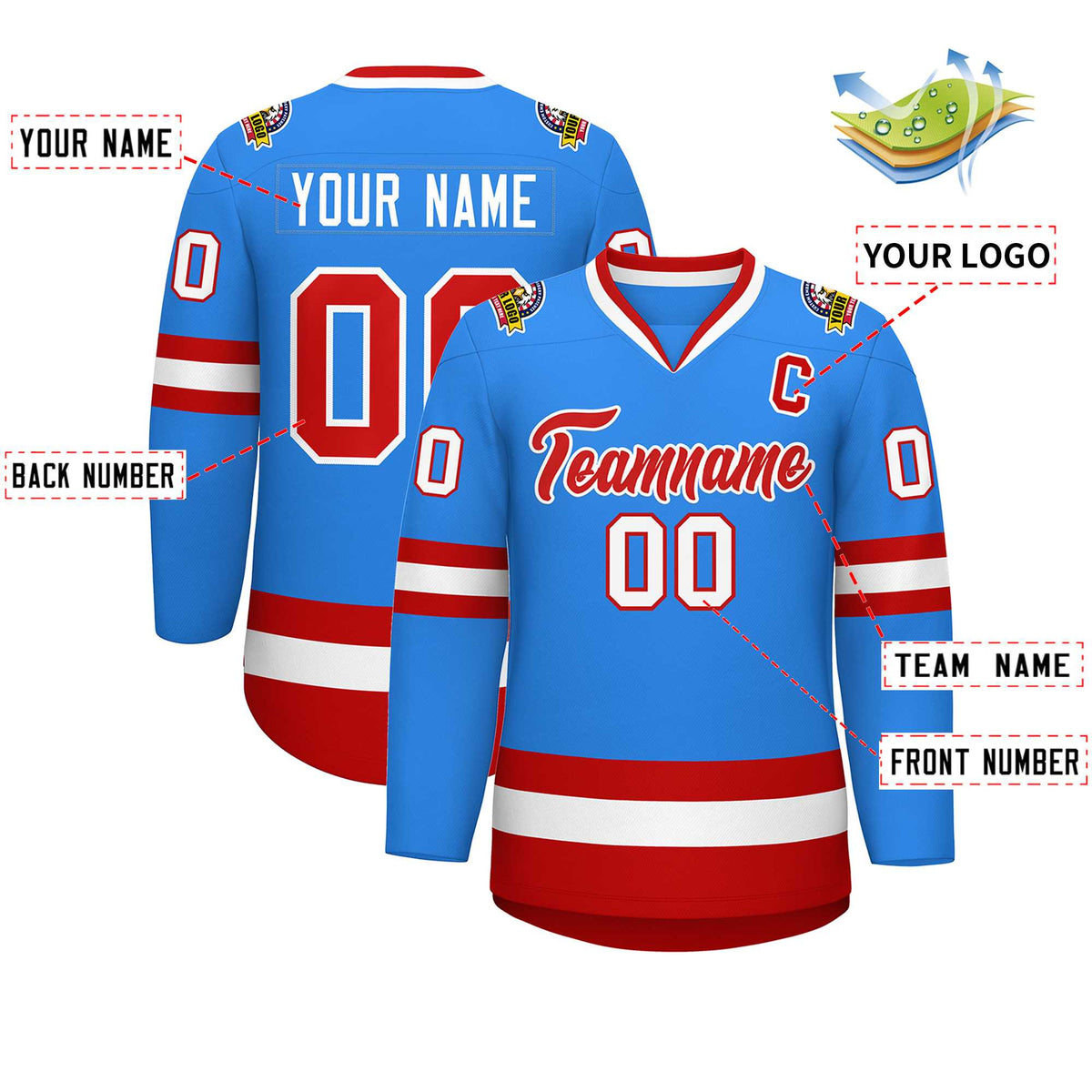 Custom Powder Blue Red-White Classic Style Hockey Jersey | KXKSHOP