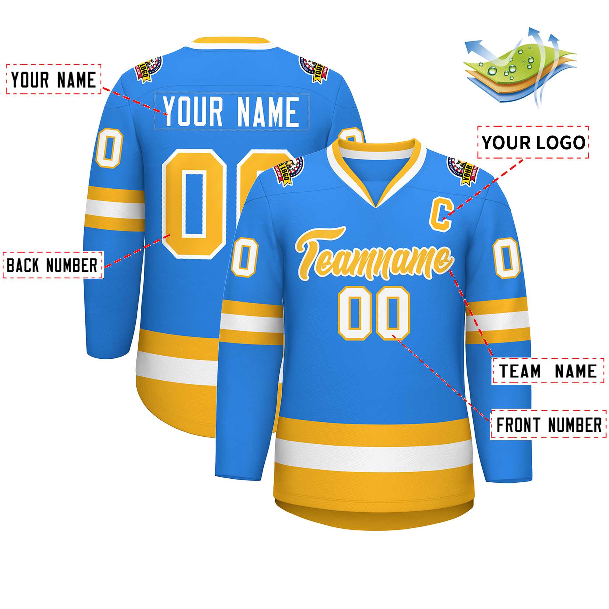 Custom Powder Blue Gold-White Classic Style Hockey Jersey | KXKSHOP
