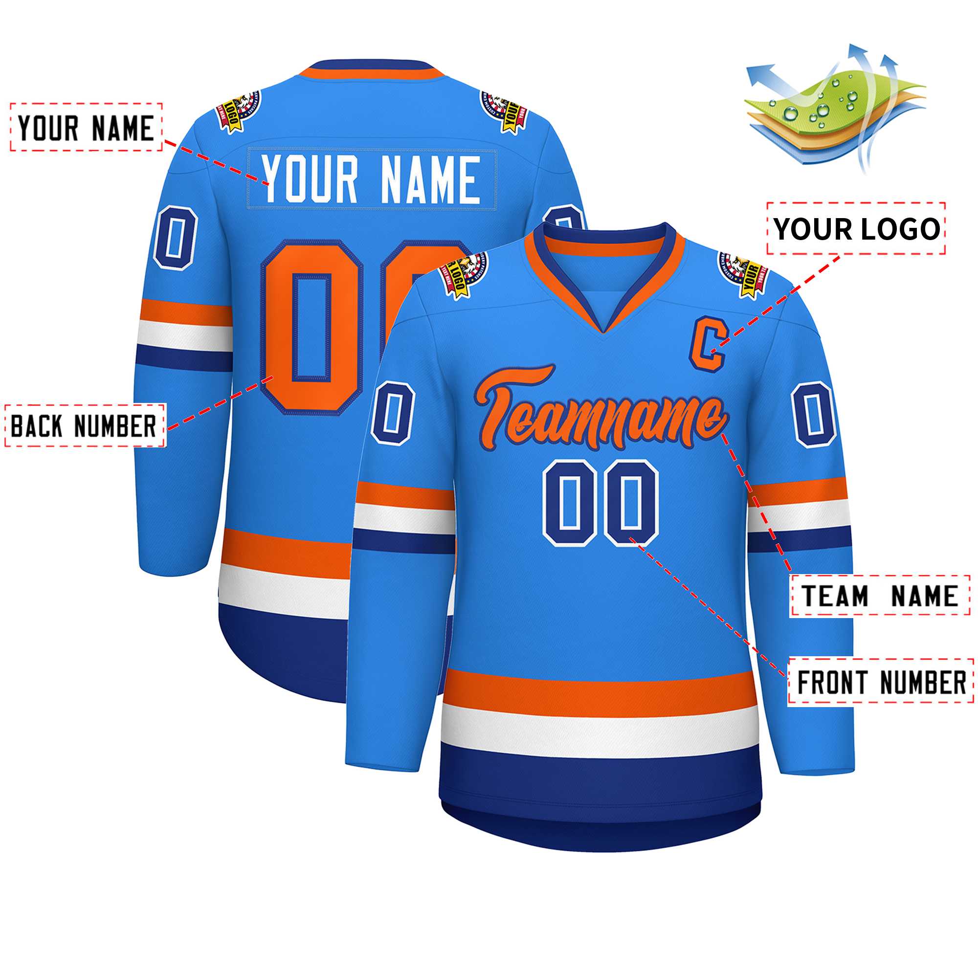 Custom Powder Blue Orange-Royal Classic Style Hockey Jersey | KXKSHOP