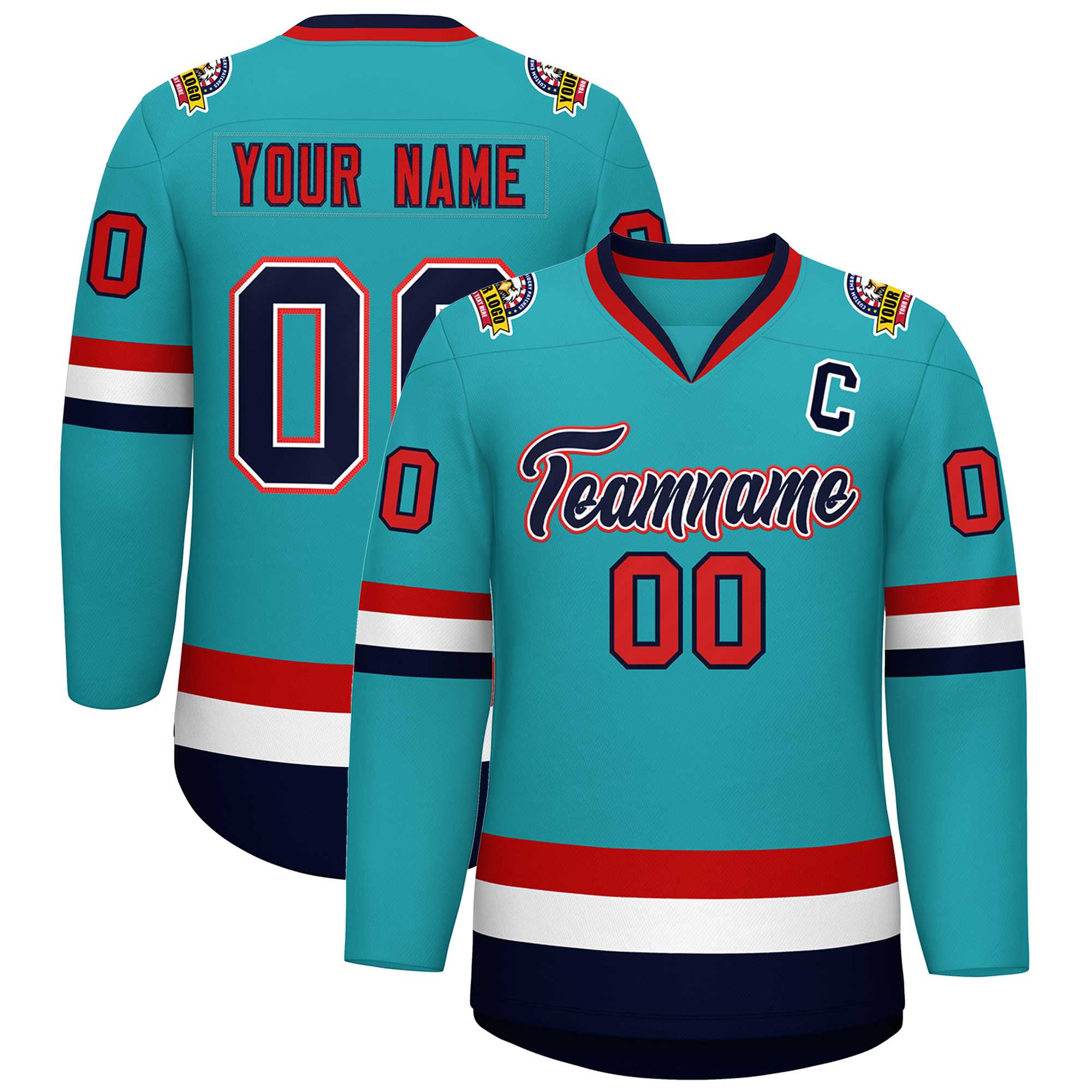 Custom Aqua Navy White-Red Classic Style Hockey Jersey | KXKSHOP