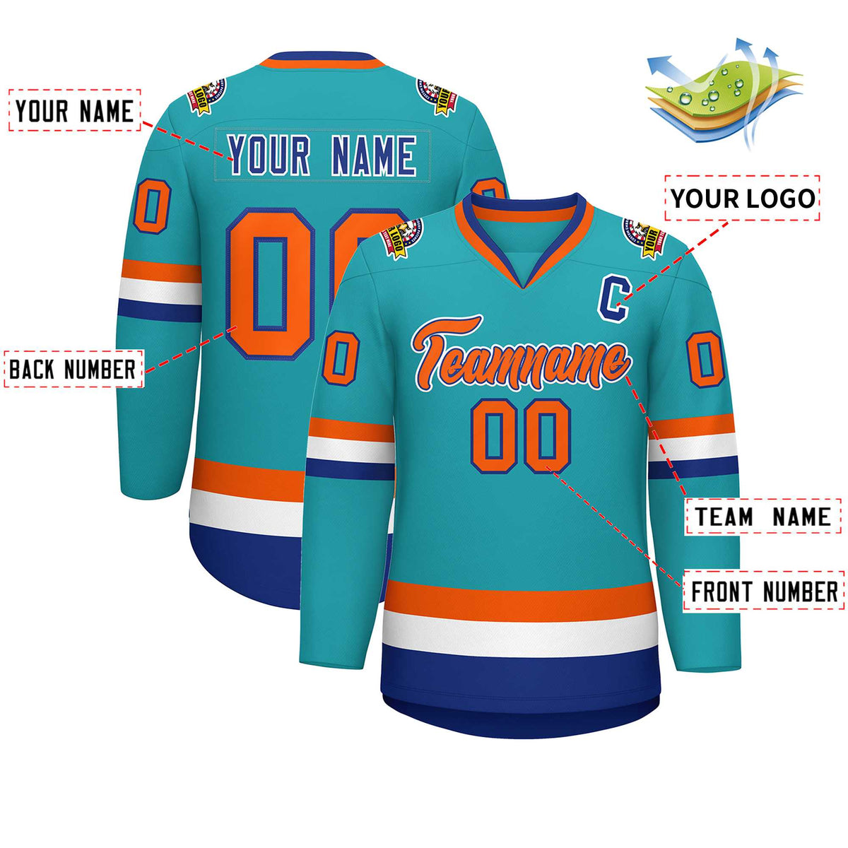 Custom Aqua Orange Royal-White Classic Style Hockey Jersey | KXKSHOP