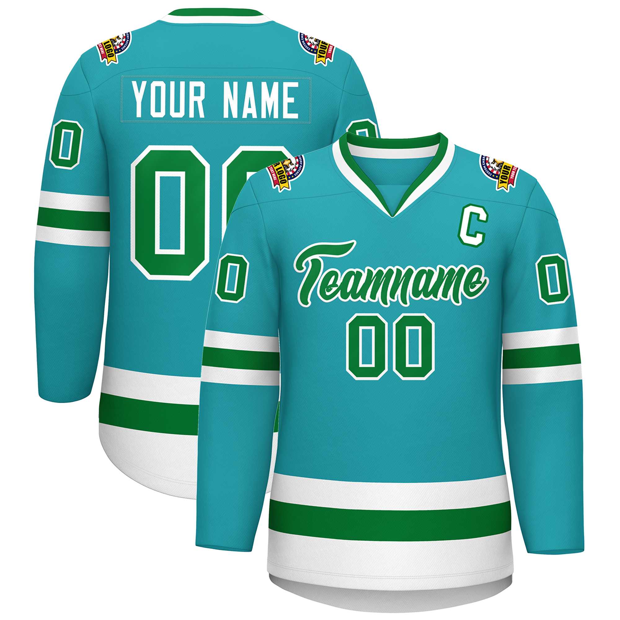 Custom Aqua Kelly Green-White Classic Style Hockey Jersey | KXKSHOP