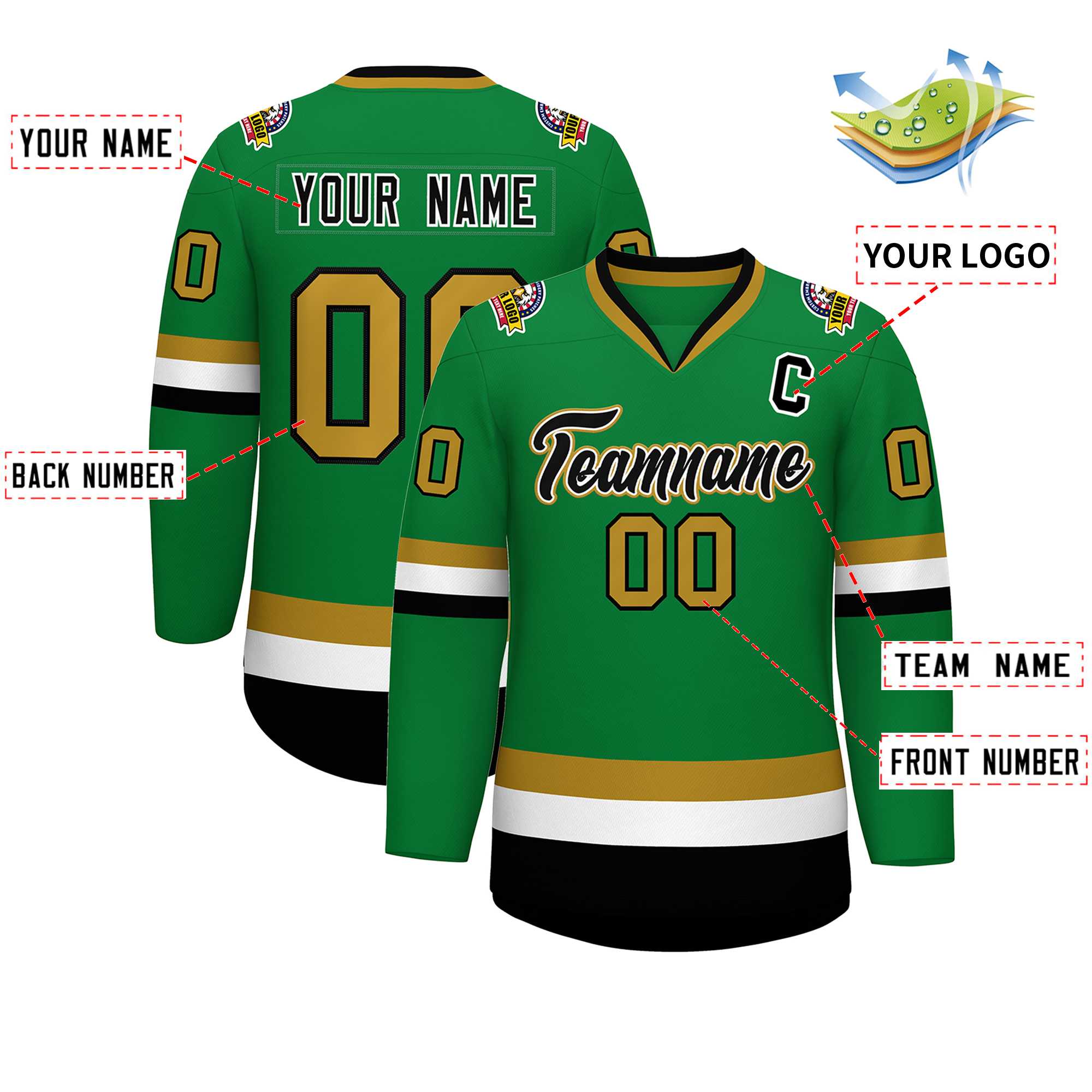 Custom Kelly Green Black White-Old Gold Classic Style Hockey Jersey | KXKSHOP