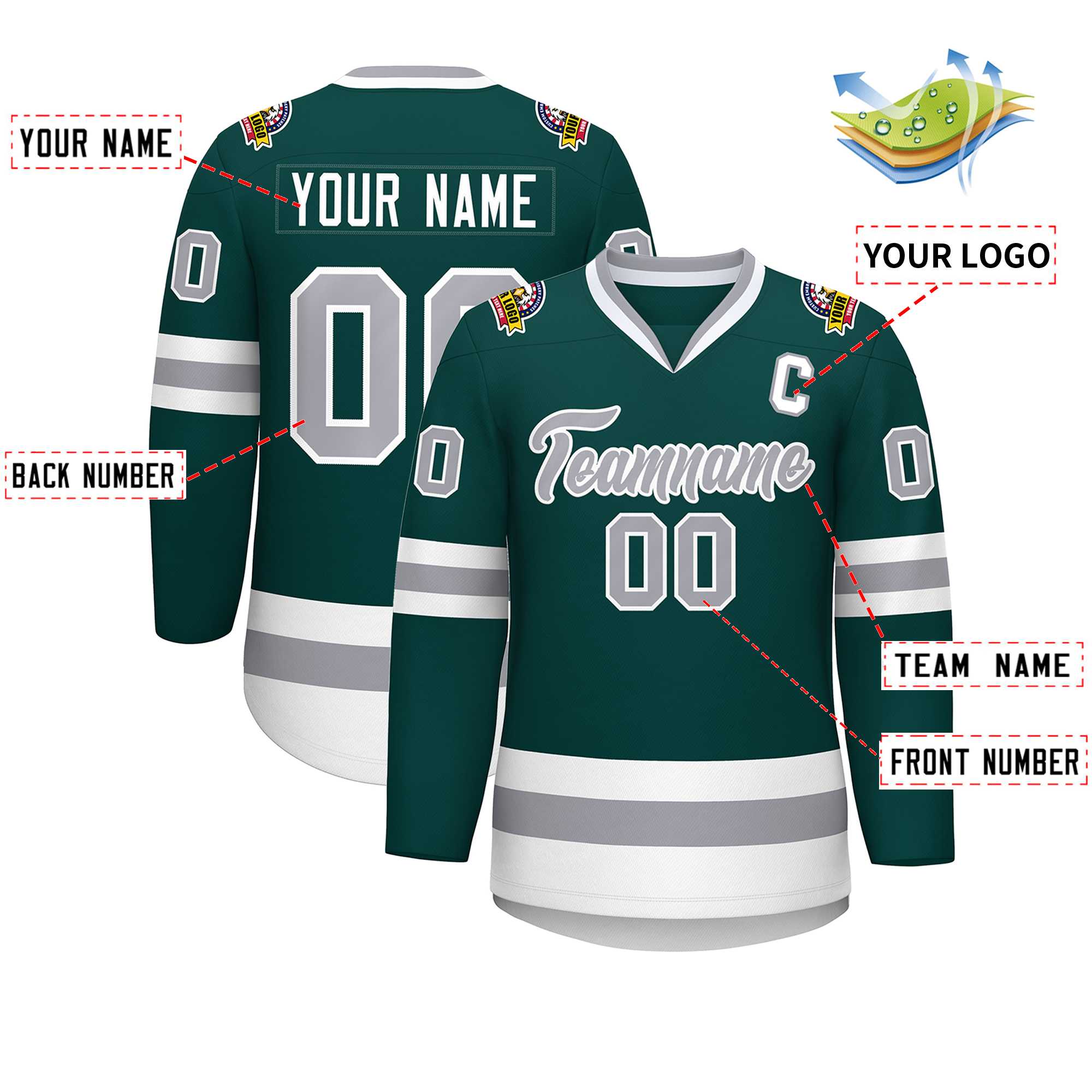 Custom Midnight Green Gray-White Classic Style Hockey Jersey | KXKSHOP