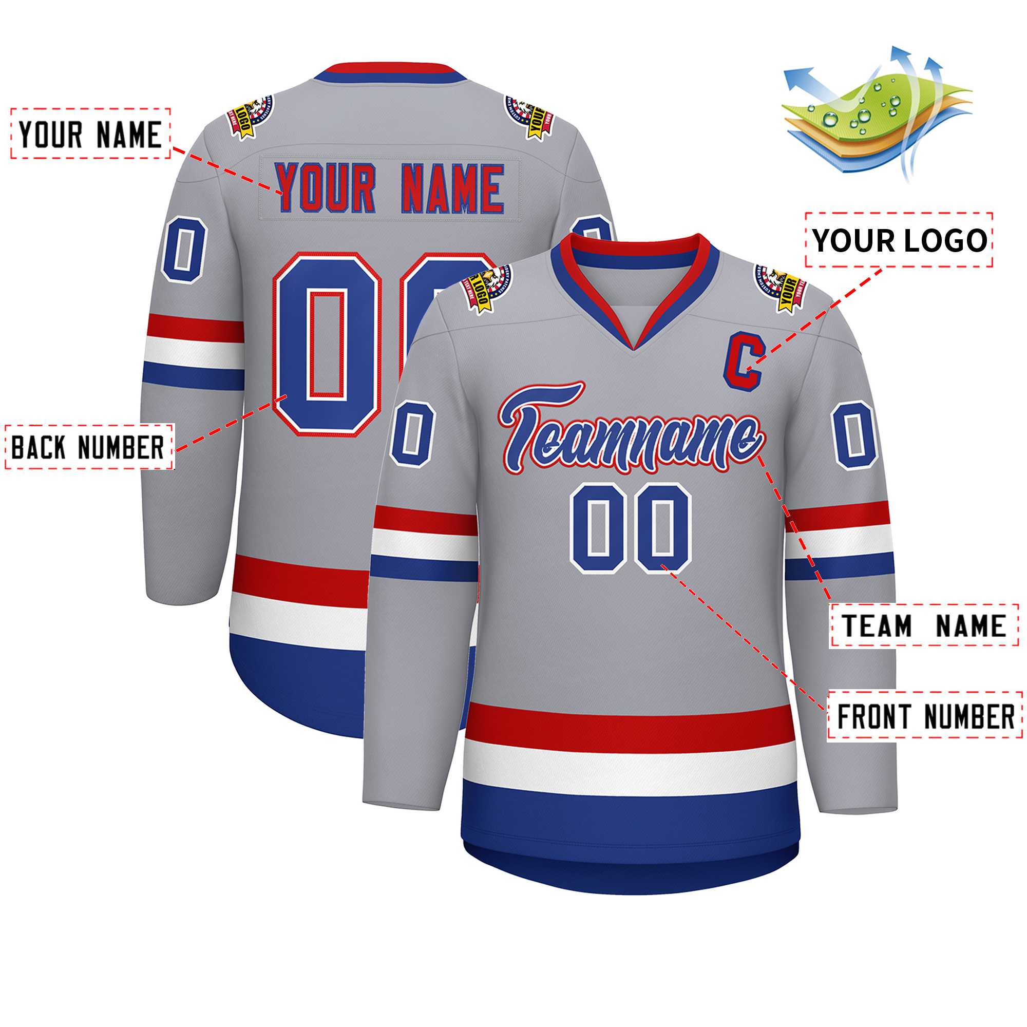 Custom Gray Royal White-Red Classic Style Hockey Jersey | KXKSHOP