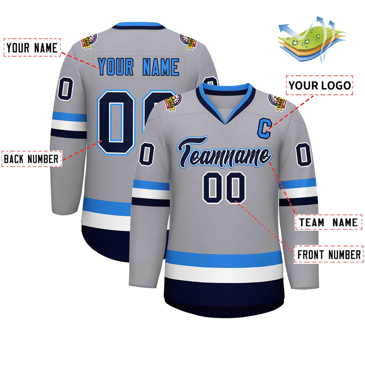 Custom Gray Navy White-Powder Blue Classic Style Hockey Jersey | KXKSHOP