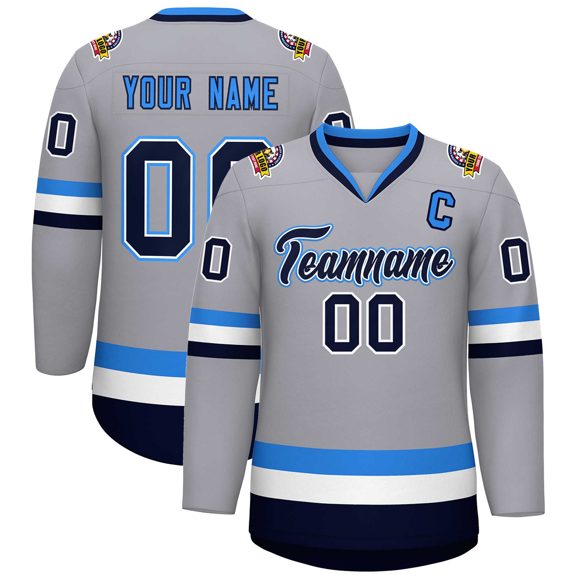 Custom Gray Navy White-Powder Blue Classic Style Hockey Jersey | KXKSHOP