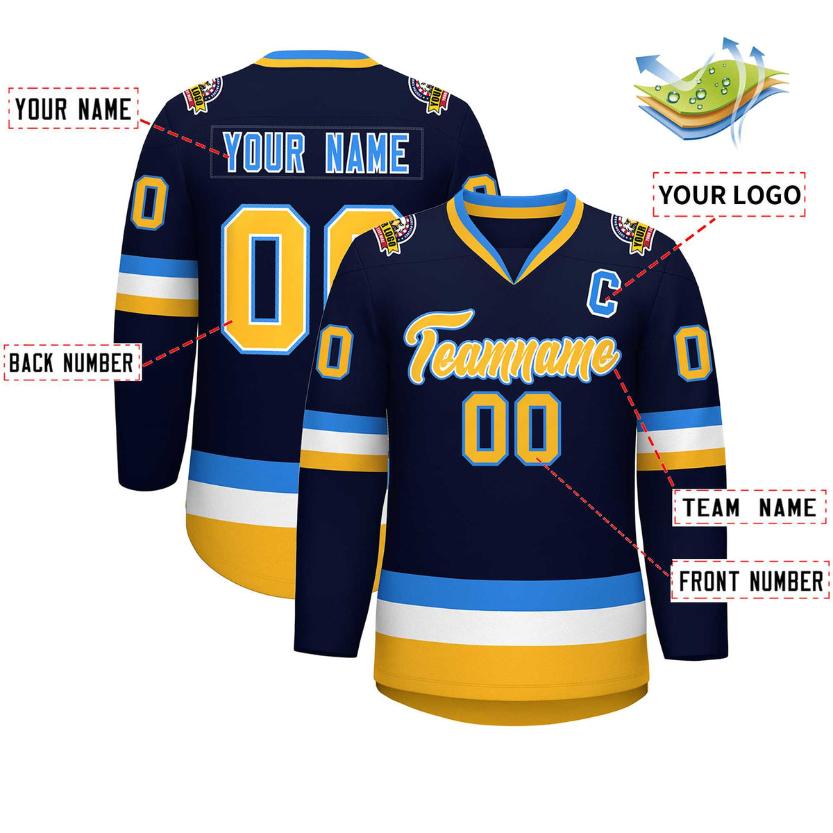 Custom Navy Gold White-Powder Blue Classic Style Hockey Jersey | KXKSHOP