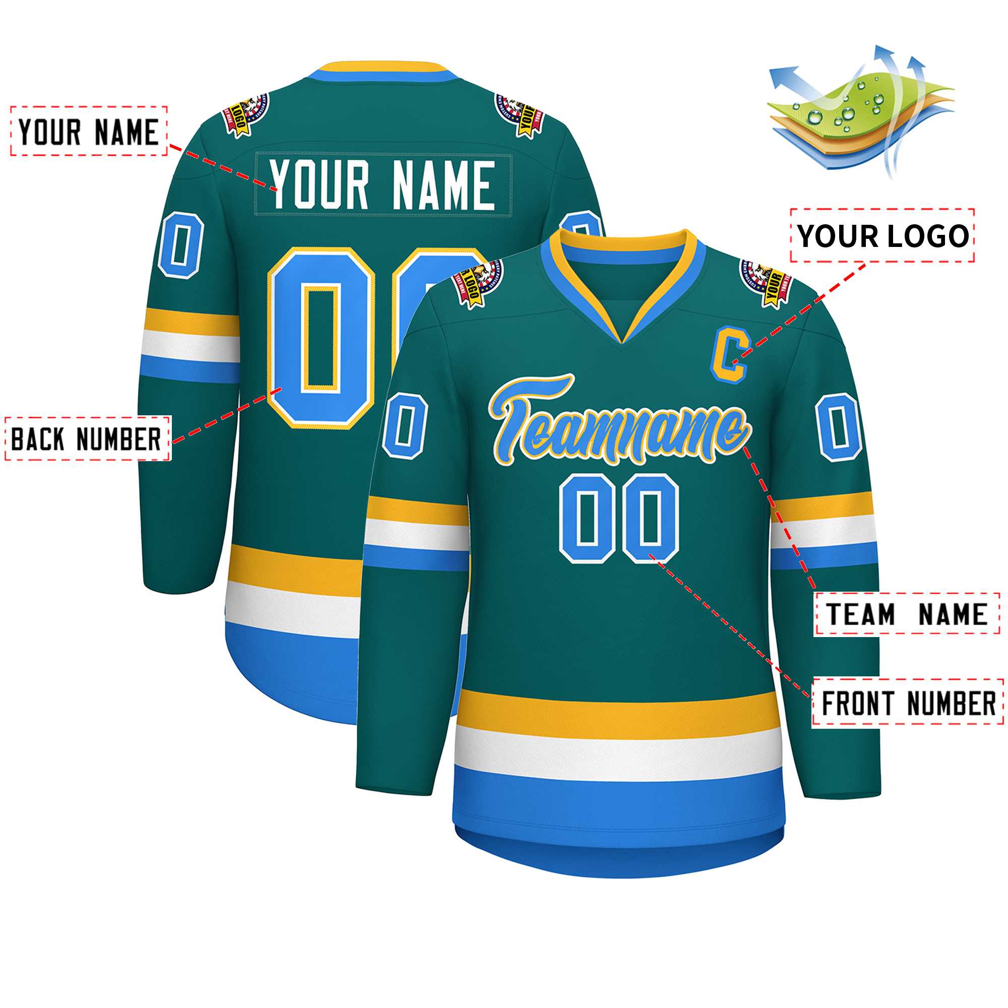 Custom Teal Powder Blue White-Gold Classic Style Hockey Jersey | KXKSHOP