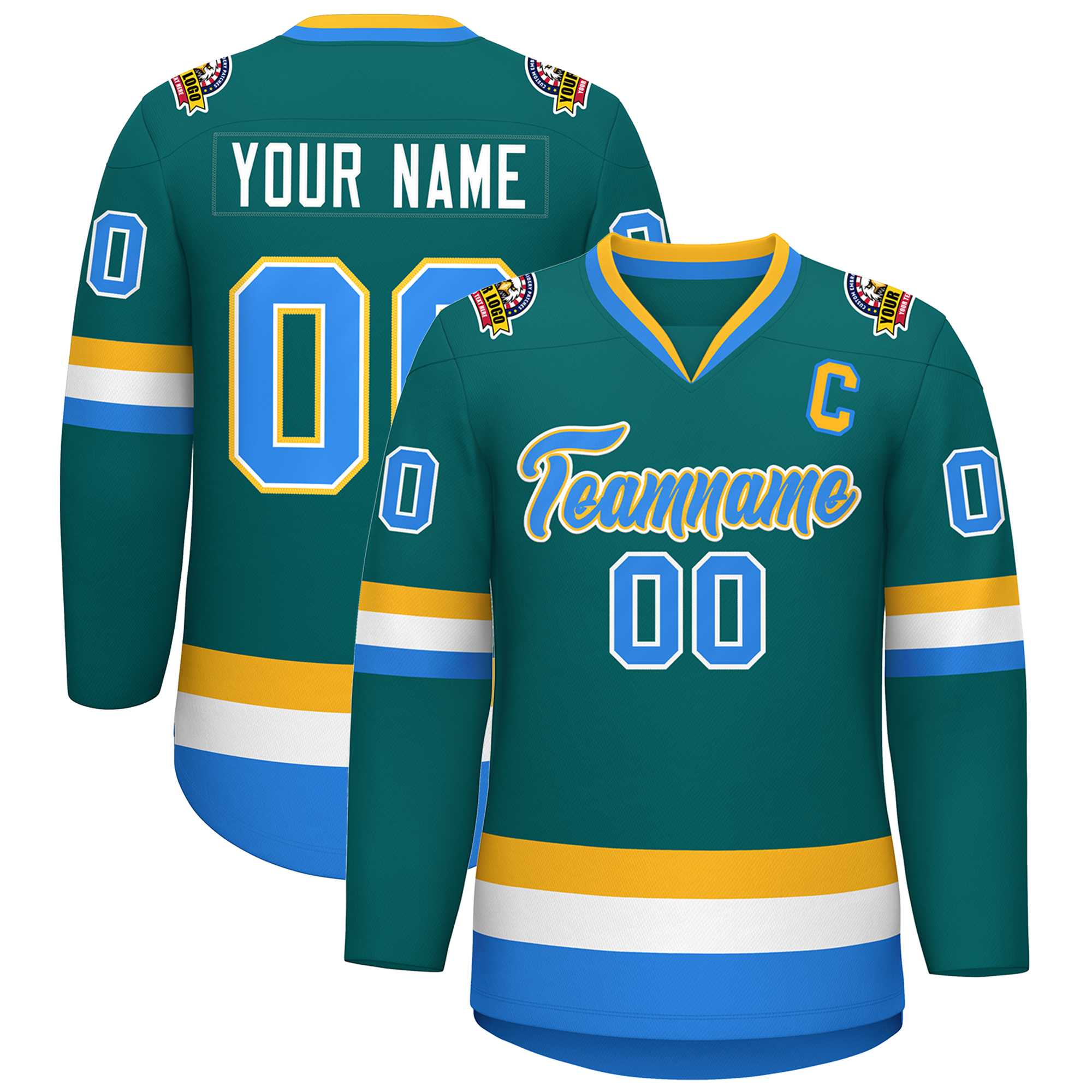Custom Teal Powder Blue White-Gold Classic Style Hockey Jersey | KXKSHOP