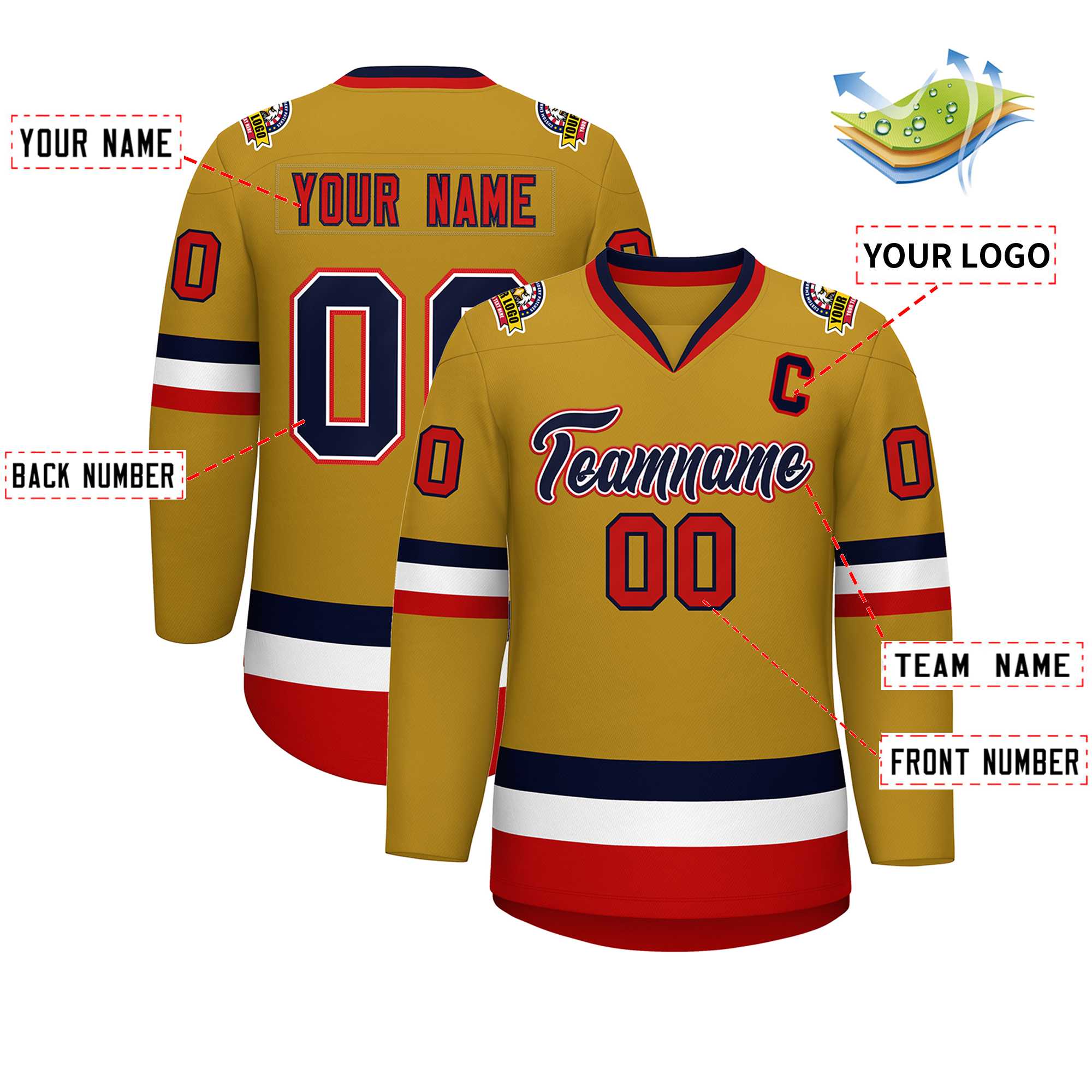 Custom Old Gold Navy White-Red Classic Style Hockey Jersey | KXKSHOP