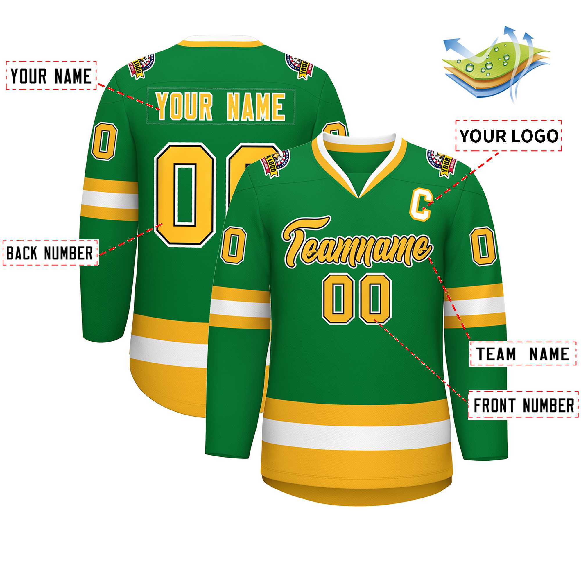Custom Kelly Green Gold Black-White Classic Style Hockey Jersey | KXKSHOP