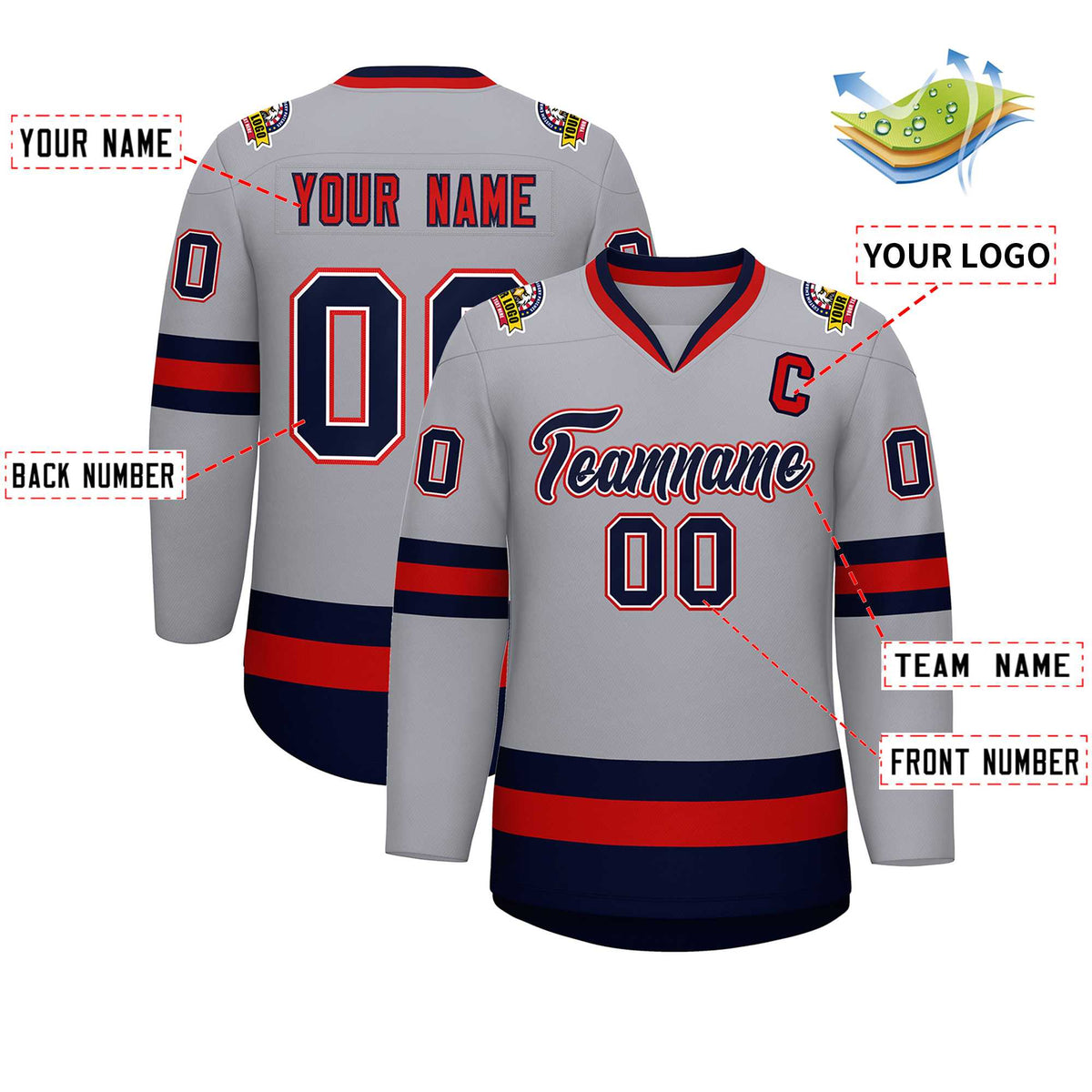 Custom Gray Navy White-Red Classic Style Hockey Jersey | KXKSHOP