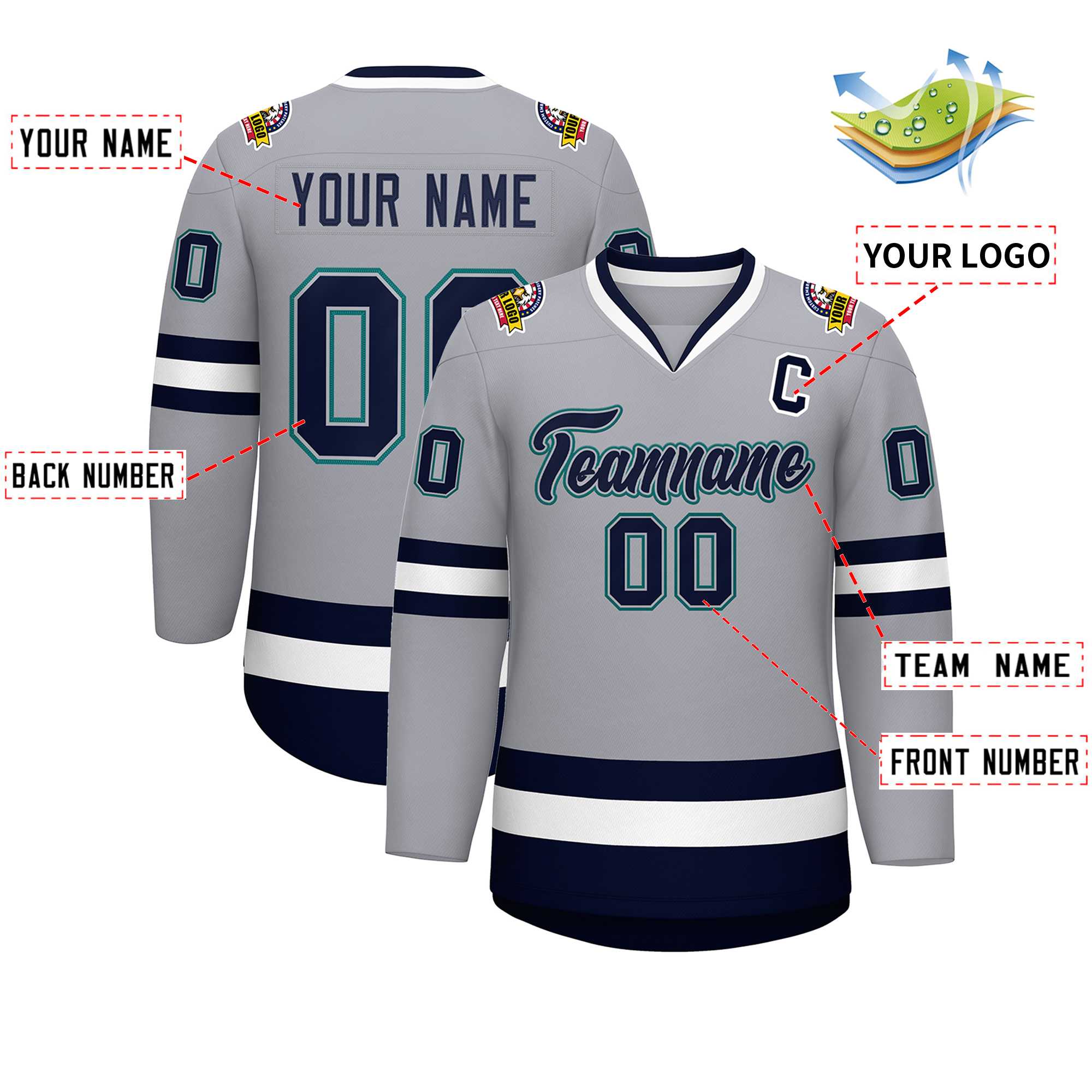 Custom Gray Navy Gray-Aqua Classic Style Hockey Jersey | KXKSHOP