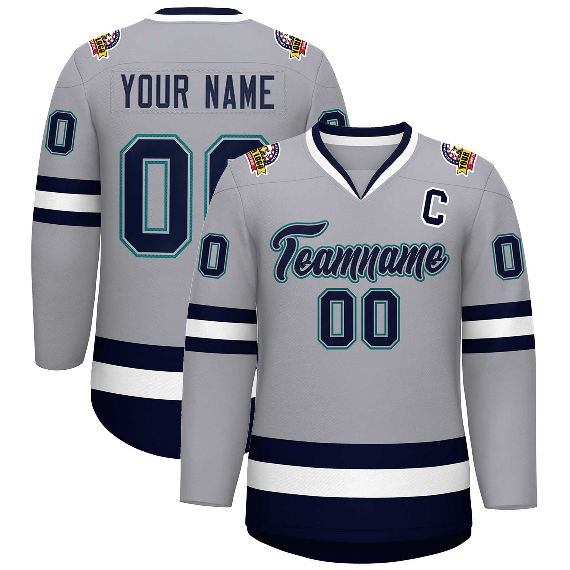 Custom Gray Navy Gray-Aqua Classic Style Hockey Jersey | KXKSHOP