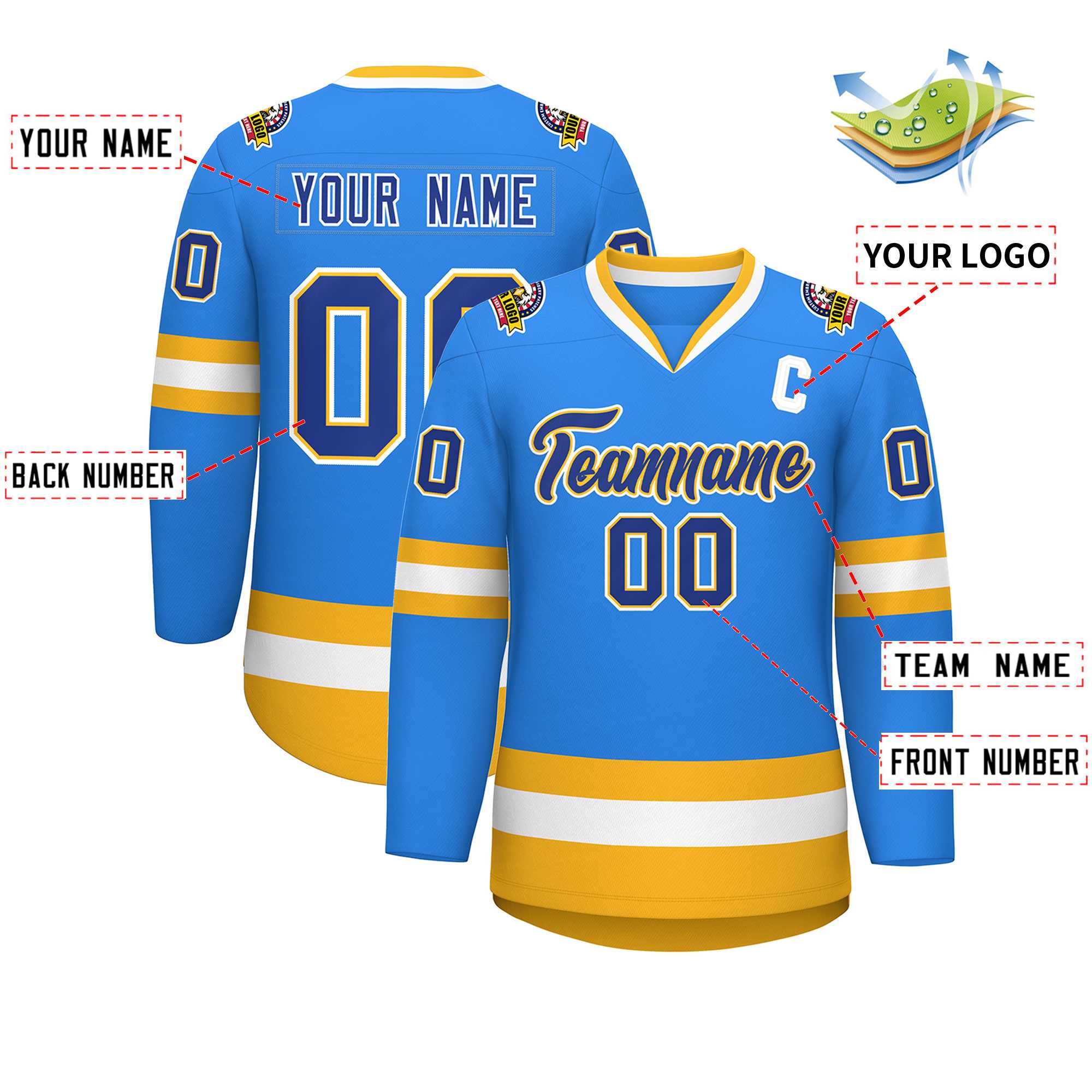 Custom Powder Blue Royal Gold-White Classic Style Hockey Jersey | KXKSHOP