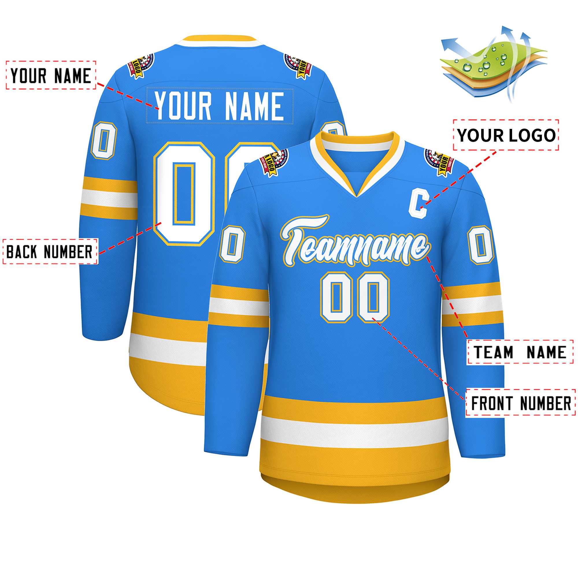 Custom Powder Blue White Powder Blue-Gold Classic Style Hockey Jersey | KXKSHOP