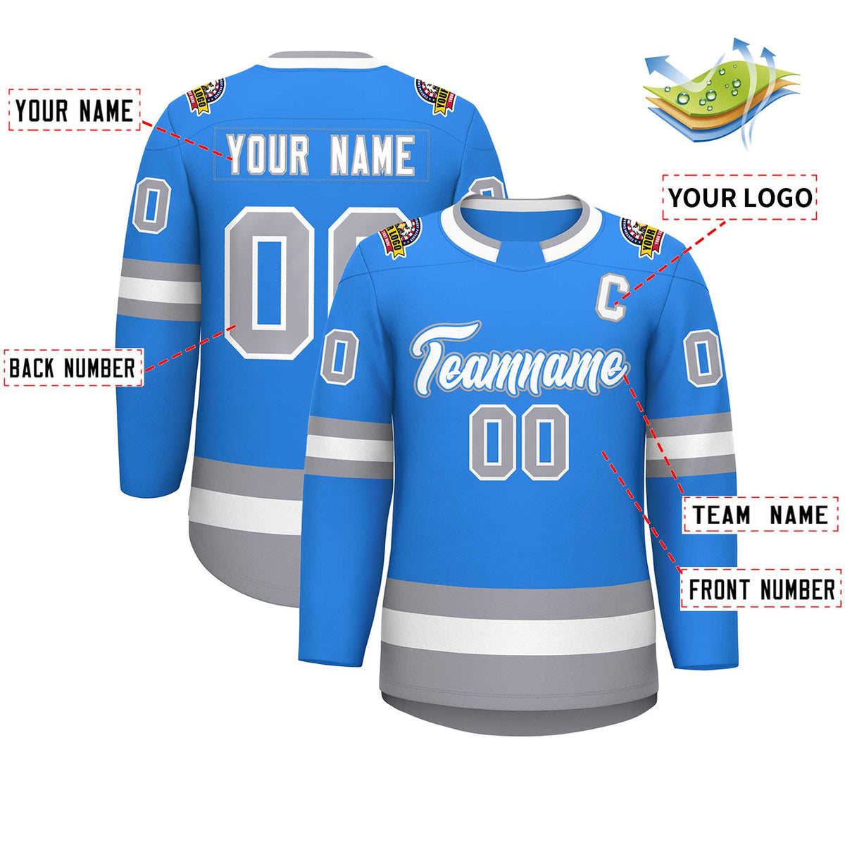 Custom Powder Blue White Powder Blue-Gray Classic Style Hockey Jersey | KXKSHOP