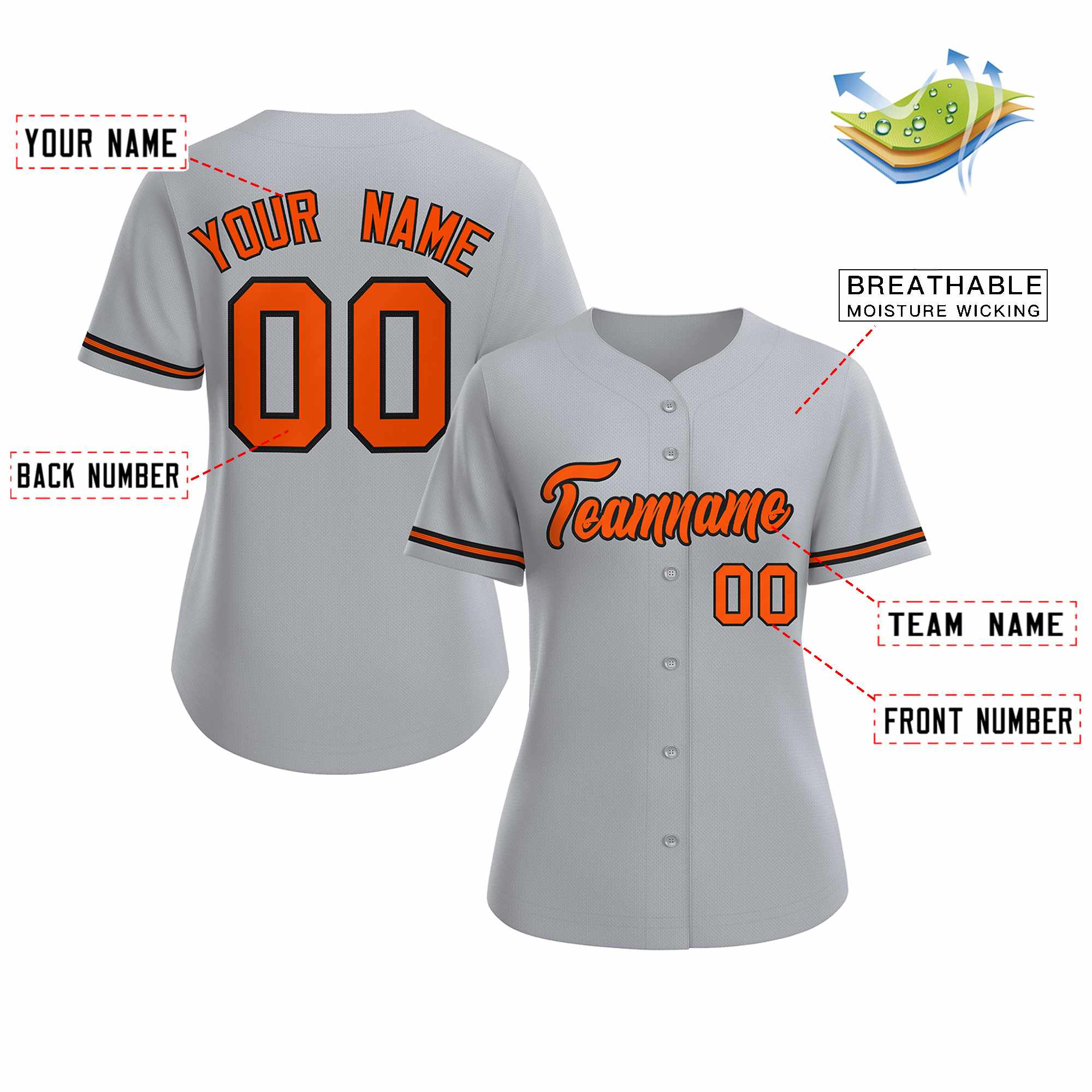 Custom Gray Orange Black Classic Style Baseball Jersey for Women