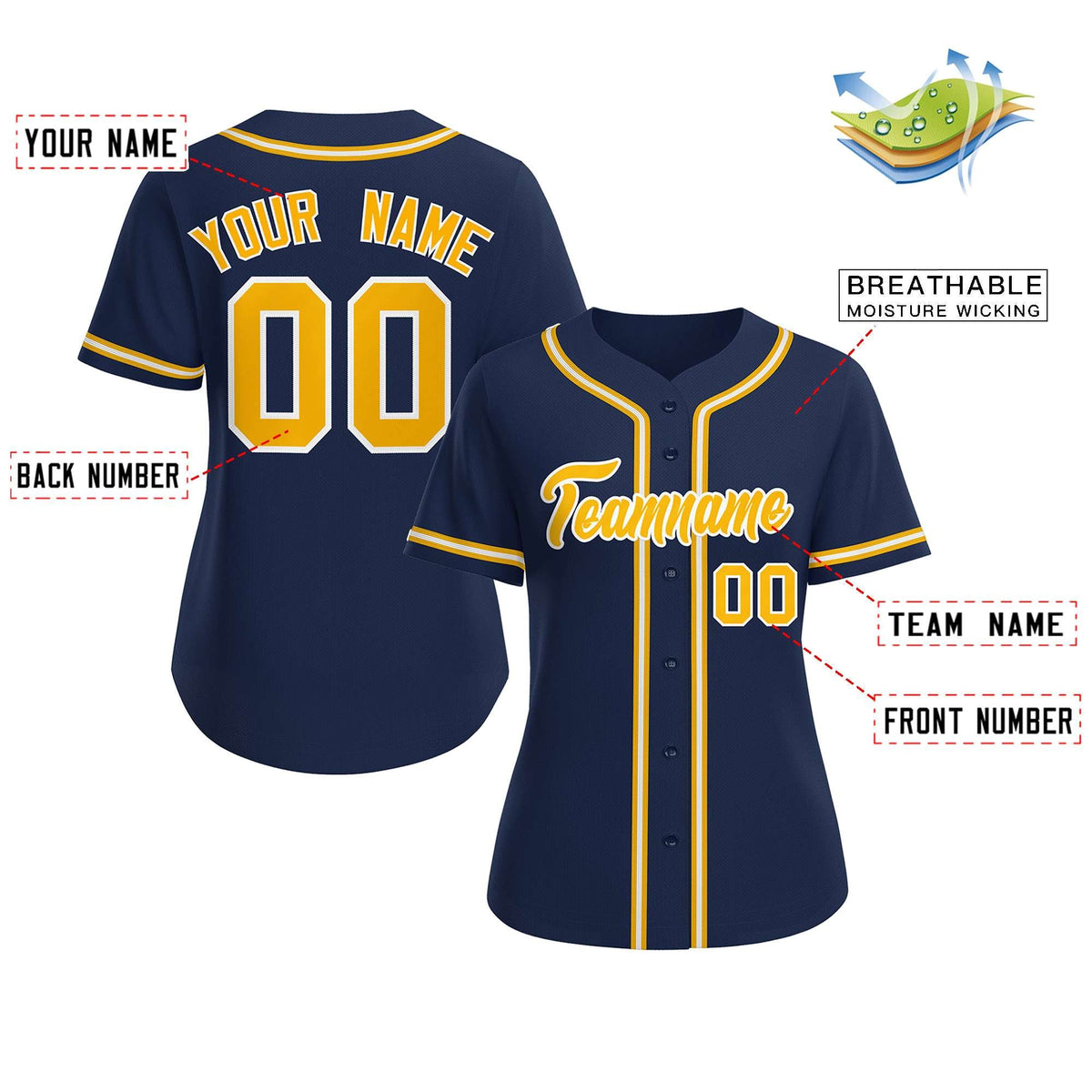 Custom Navy Yellow-White Classic Style Baseball Jersey For Women