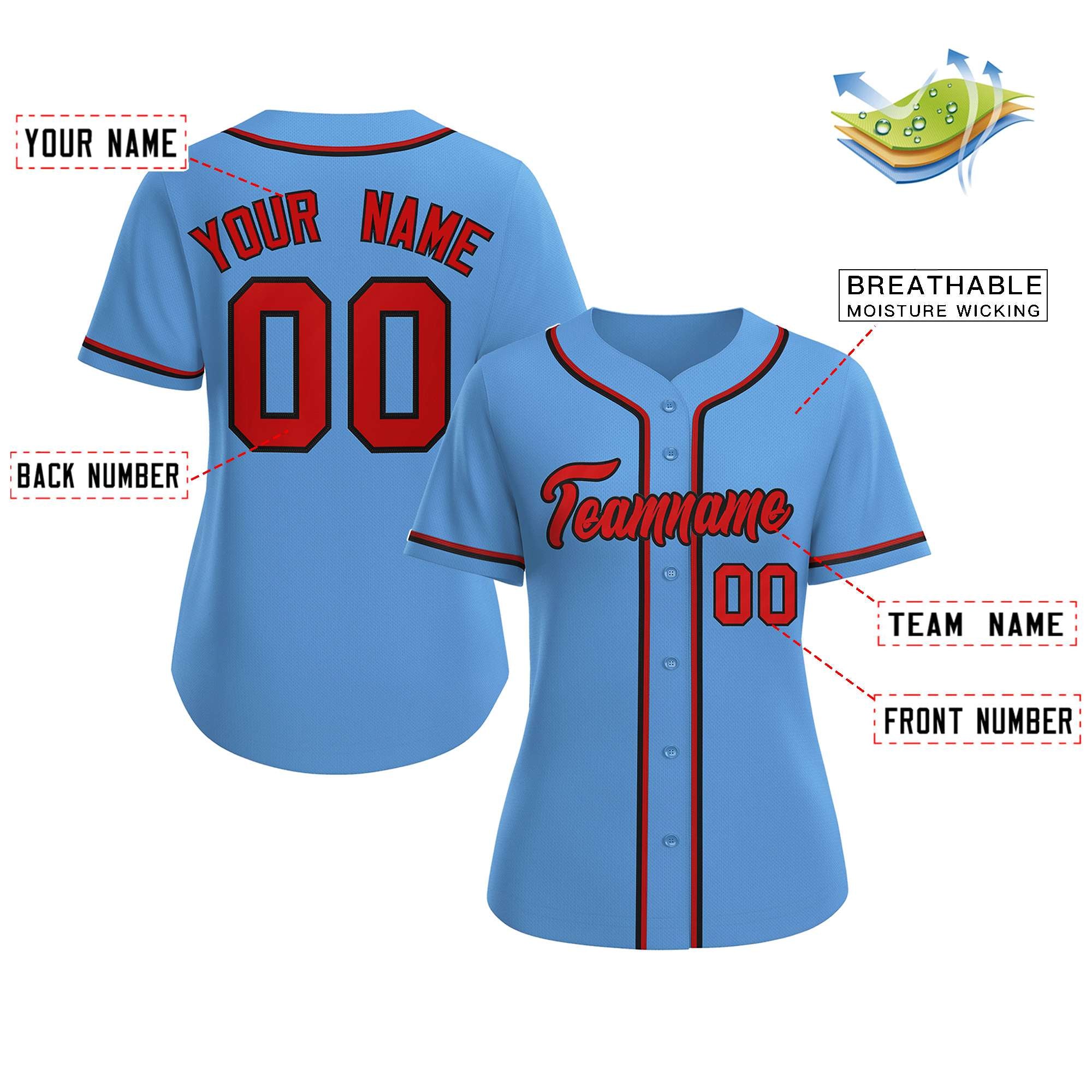 Custom Light Blue Red-Black Classic Style Baseball Jersey For Women