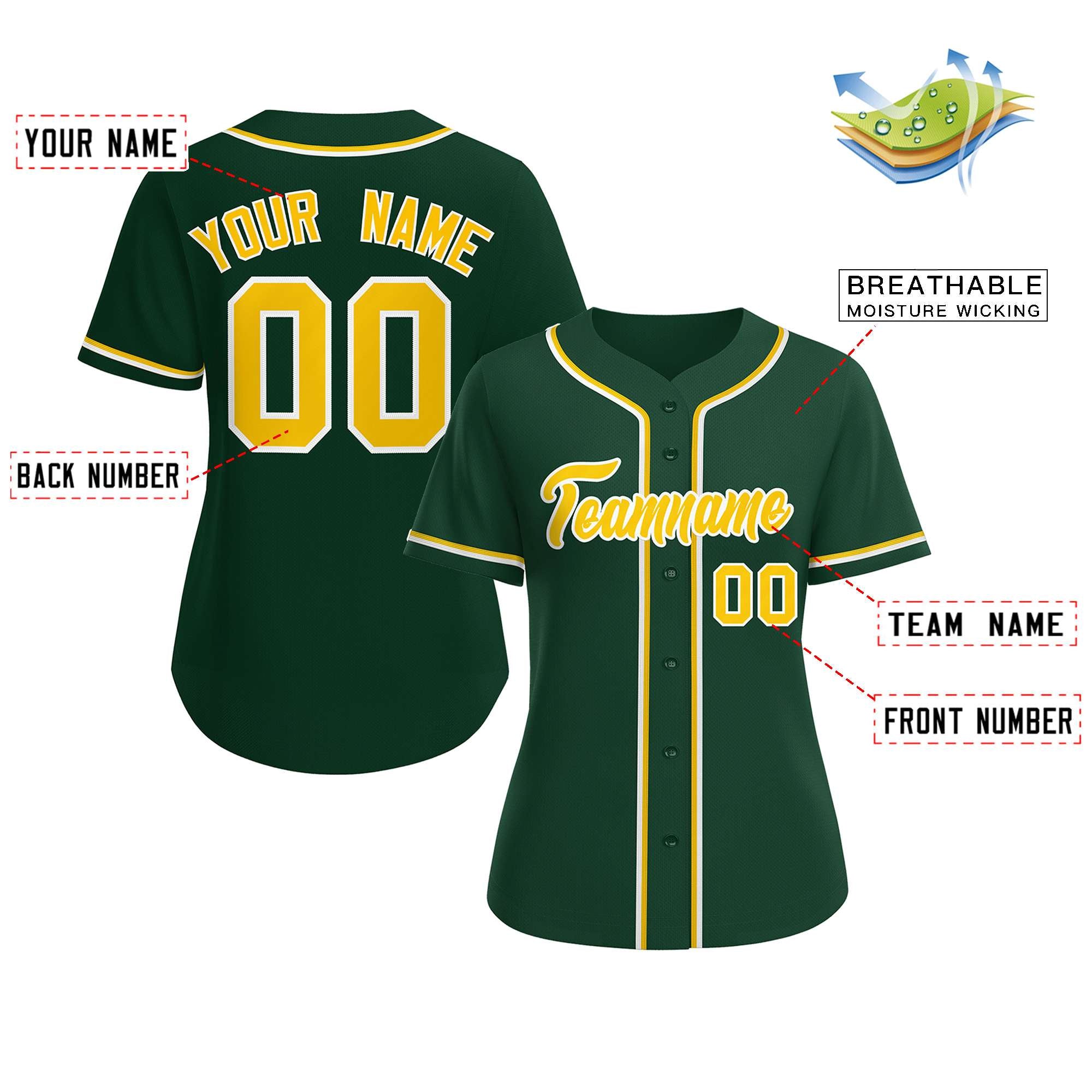 Custom Green Gold-White Classic Style Baseball Jersey For Women