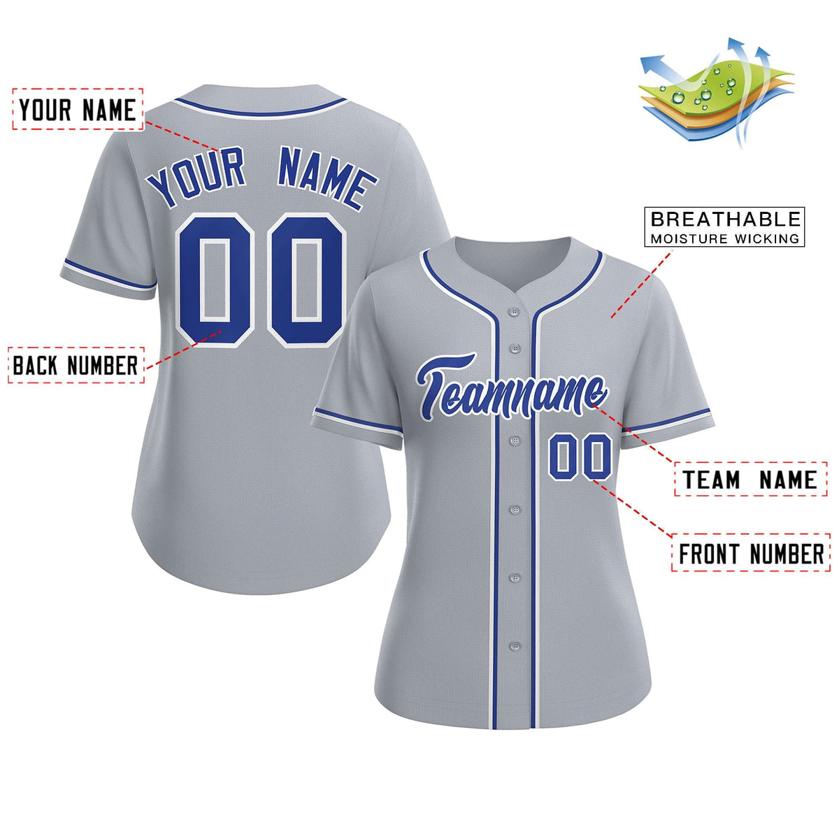 Custom Gray Royal-White Classic Style Baseball Jersey For Women