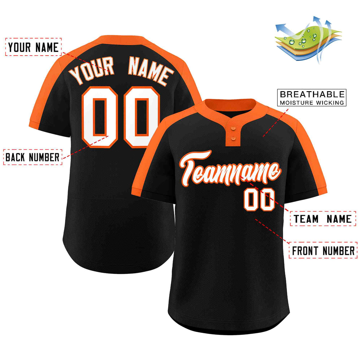 Custom Black White-Orange Classic Style Authentic Two-Button Softball Jersey