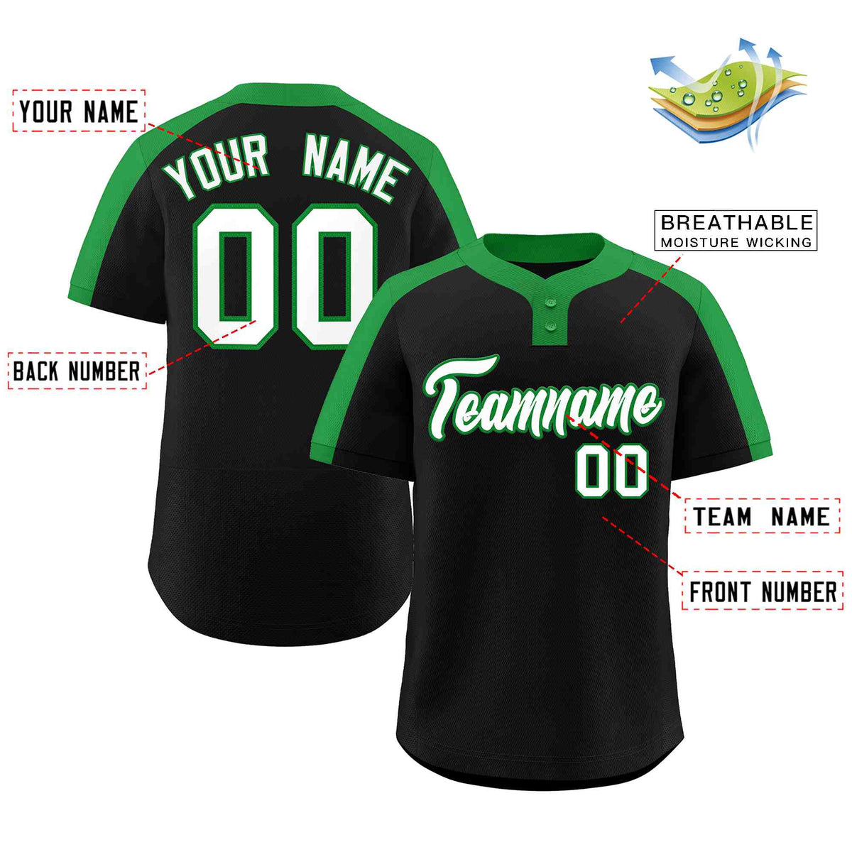 Custom Black White-Kelly Green Classic Style Authentic Two-Button Softball Jersey