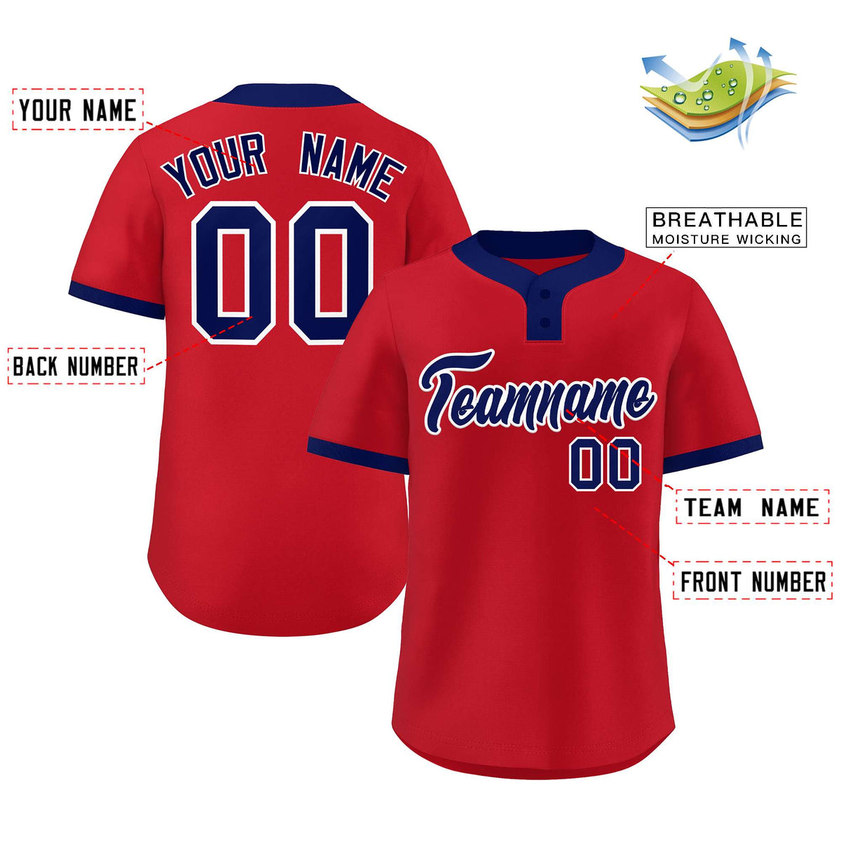Custom Red Blue-White Classic Style Authentic Two-Button Softball Jersey